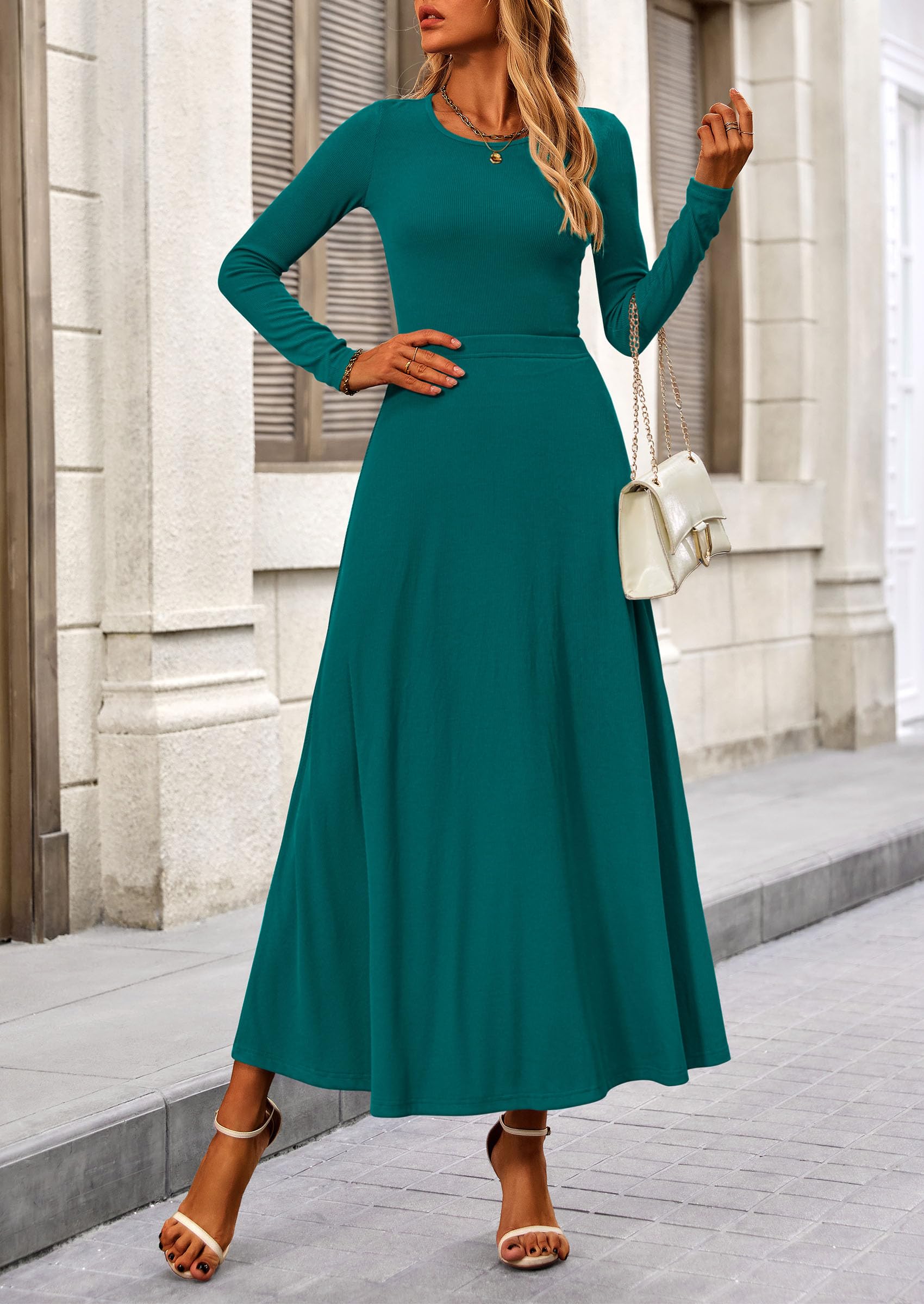 2 Piece Casual Ribbed Knit Long Sleeve Crop Tops Maxi Flowy Skirts Matching Sets