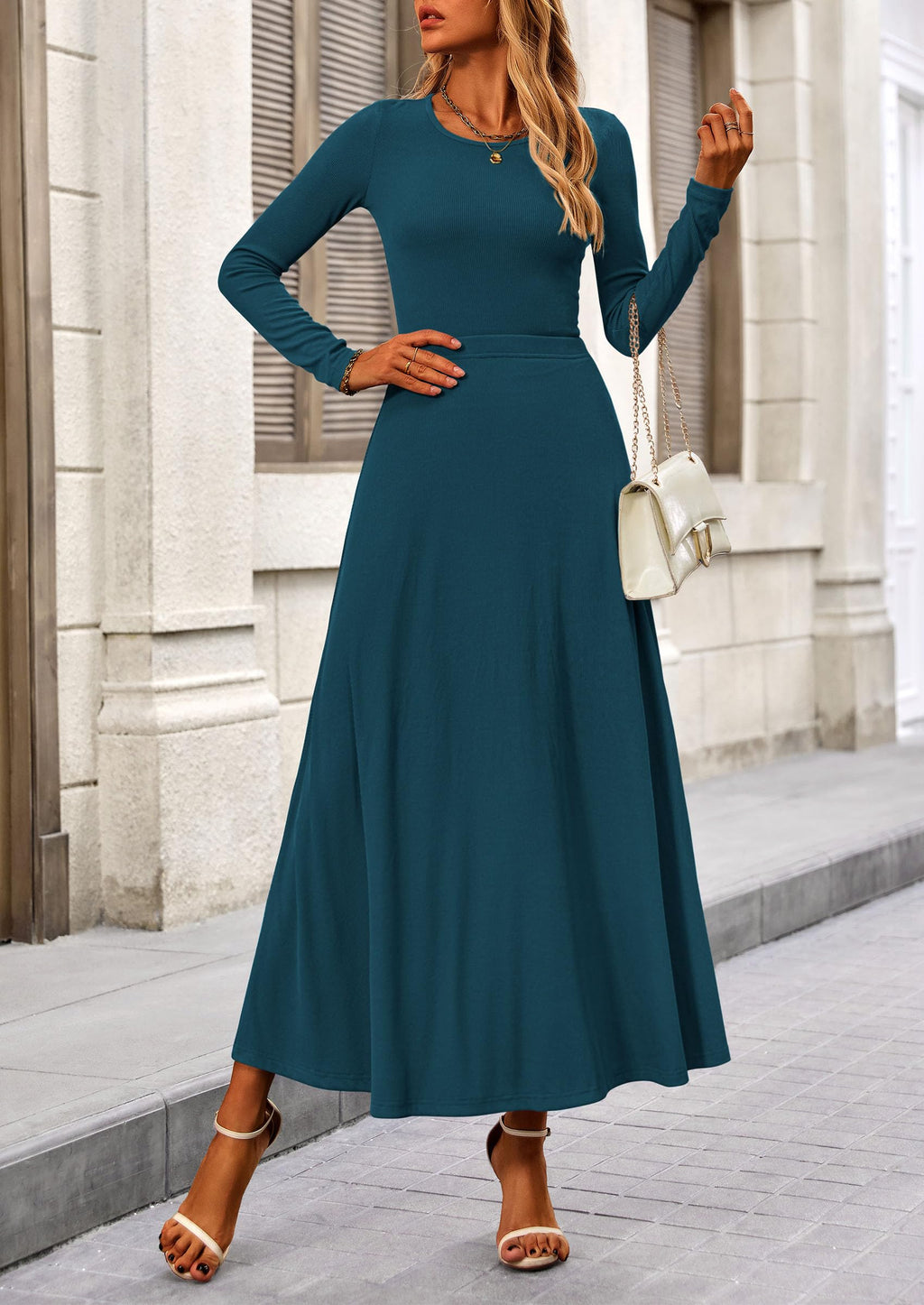 2 Piece Casual Ribbed Knit Long Sleeve Crop Tops Maxi Flowy Skirts Matching Sets