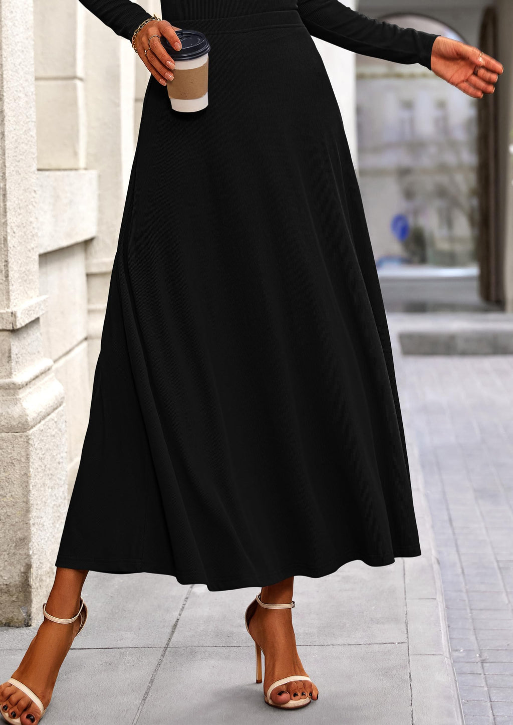 2 Piece Casual Ribbed Knit Long Sleeve Crop Tops Maxi Flowy Skirts Matching Sets