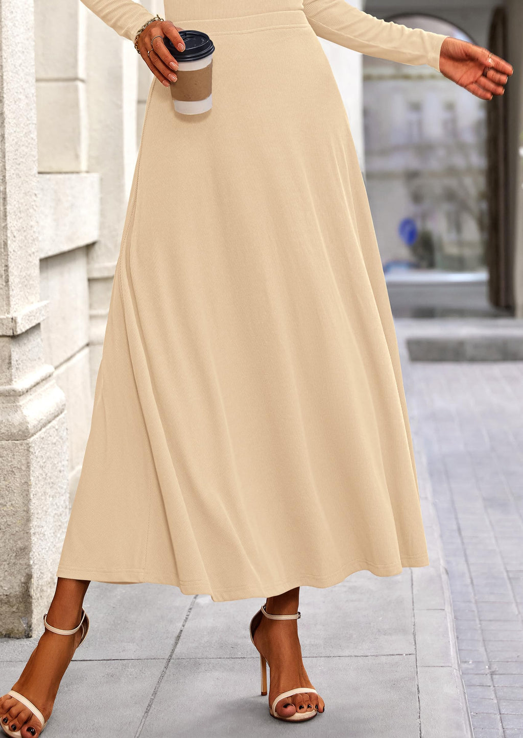 2 Piece Casual Ribbed Knit Long Sleeve Crop Tops Maxi Flowy Skirts Matching Sets
