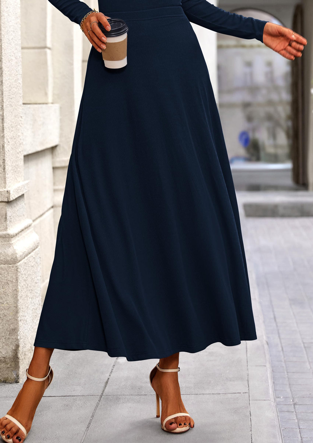 2 Piece Casual Ribbed Knit Long Sleeve Crop Tops Maxi Flowy Skirts Matching Sets