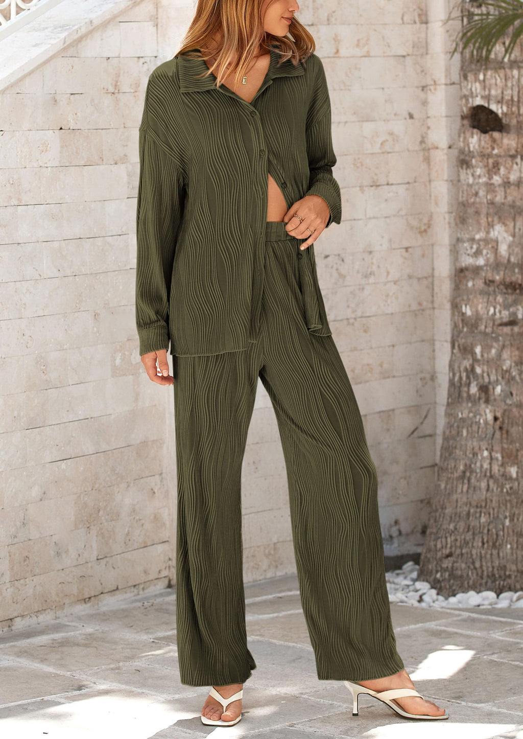 2 Piece Textured Sets Casual Button Down Shirt Wide Leg Pants Outfit Loungewear Tracksuit