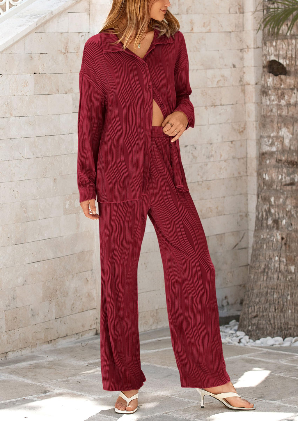 2 Piece Textured Sets Casual Button Down Shirt Wide Leg Pants Outfit Loungewear Tracksuit