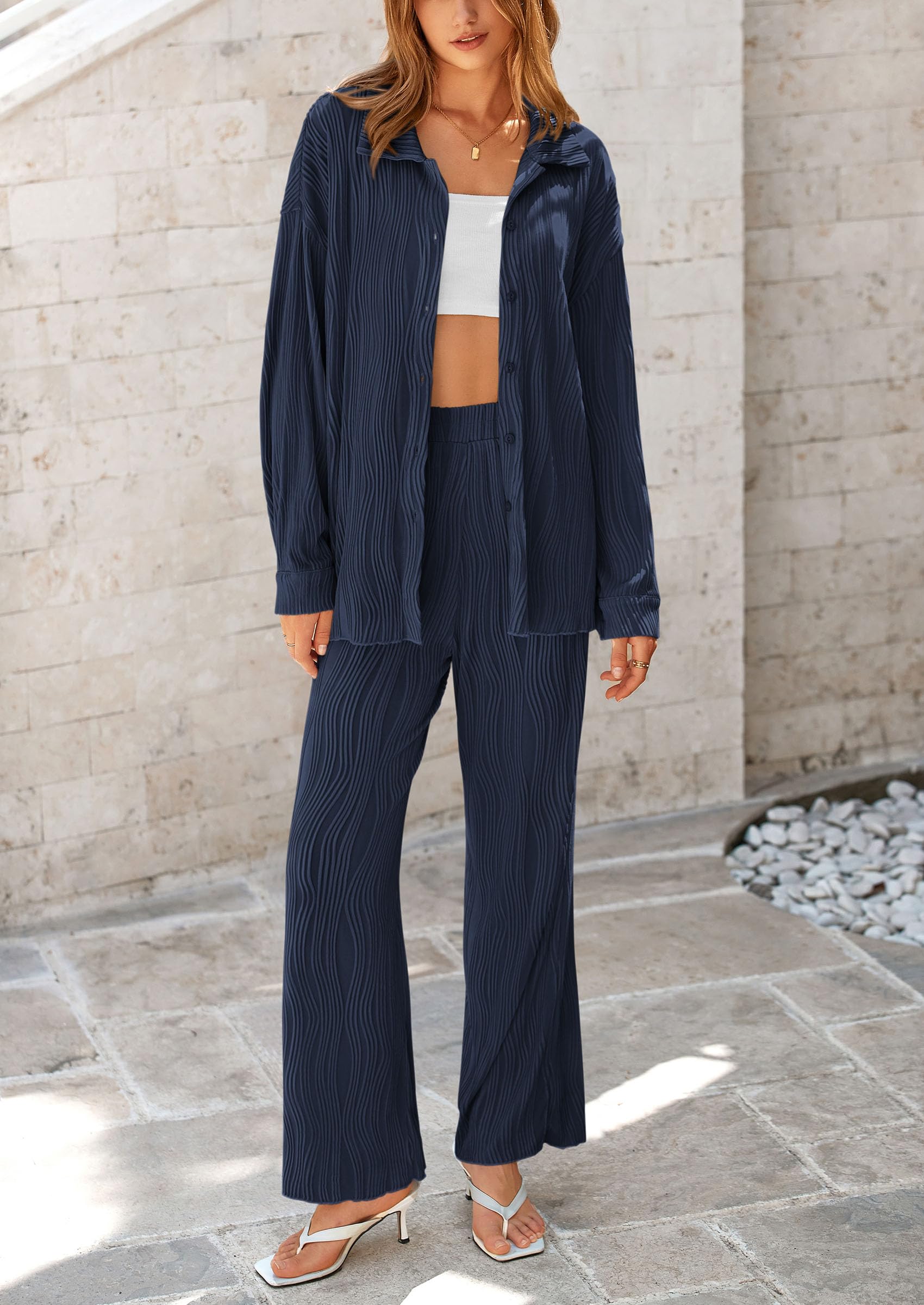 2 Piece Textured Sets Casual Button Down Shirt Wide Leg Pants Outfit Loungewear Tracksuit