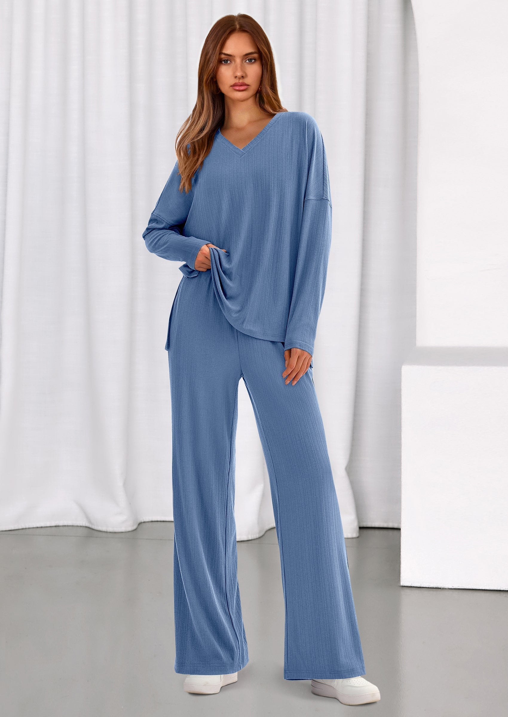 2 Piece Lounge Sets for Women Fall Outfits Casual Loose Long Sleeve Tops Wide Leg Pants Matching Pajama Set