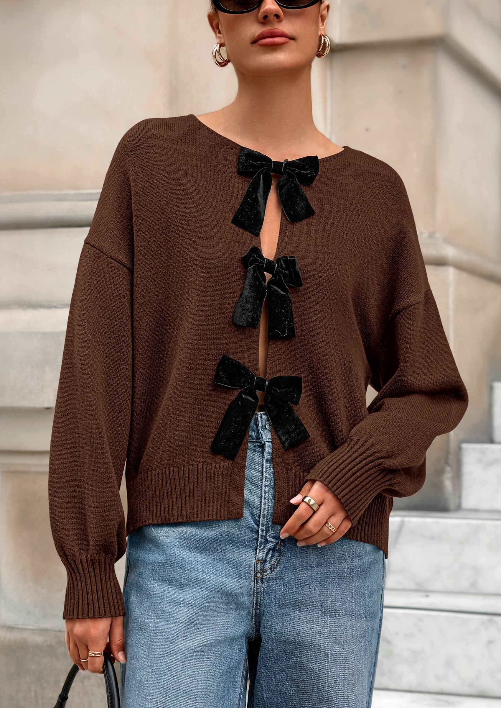 Cardigan Sweaters for Women Fall Bow Tie Front Long Sleeve Knit Sweater Tops Cute Going Out Outfits