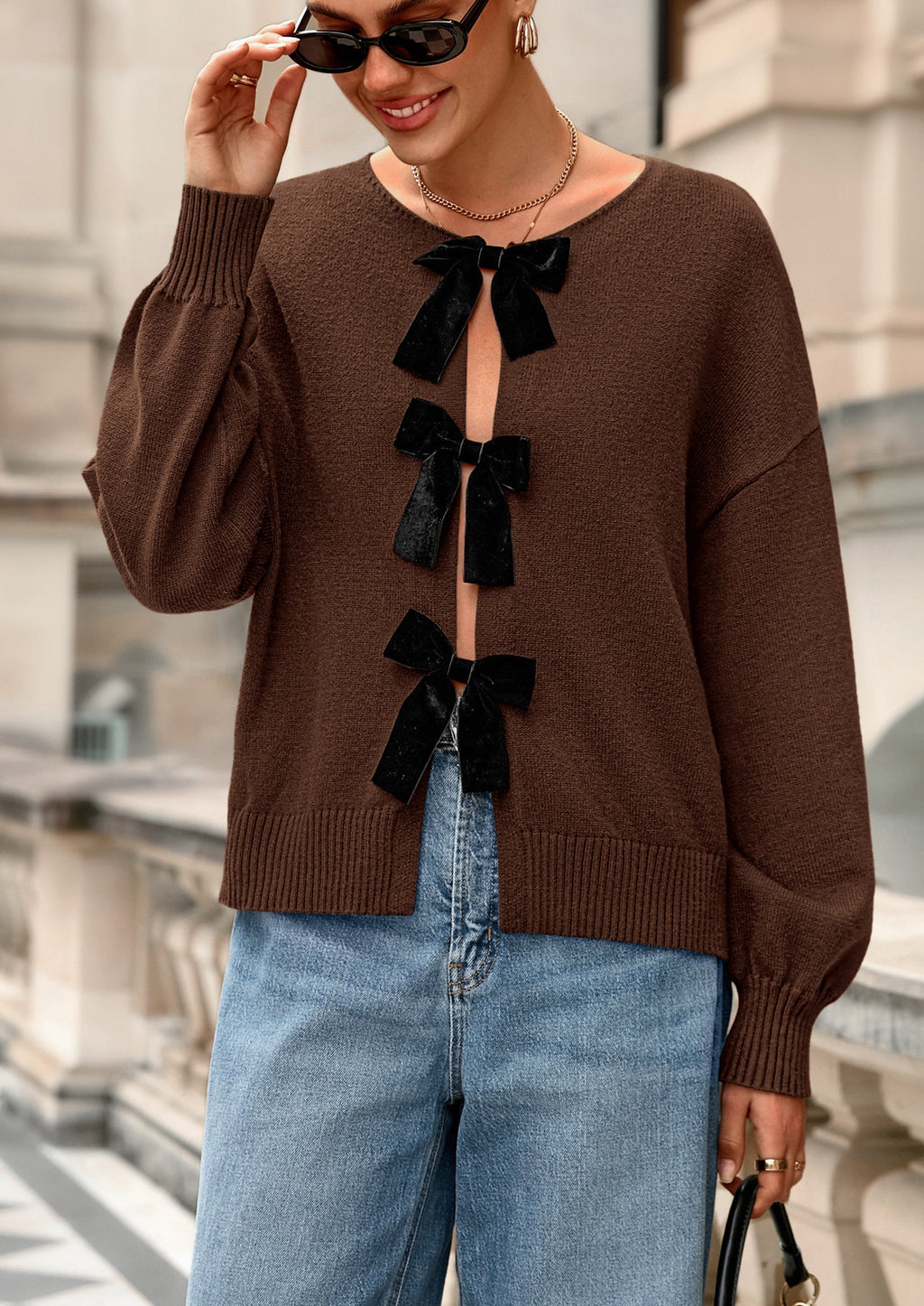 Cardigan Sweaters for Women Fall Bow Tie Front Long Sleeve Knit Sweater Tops Cute Going Out Outfits