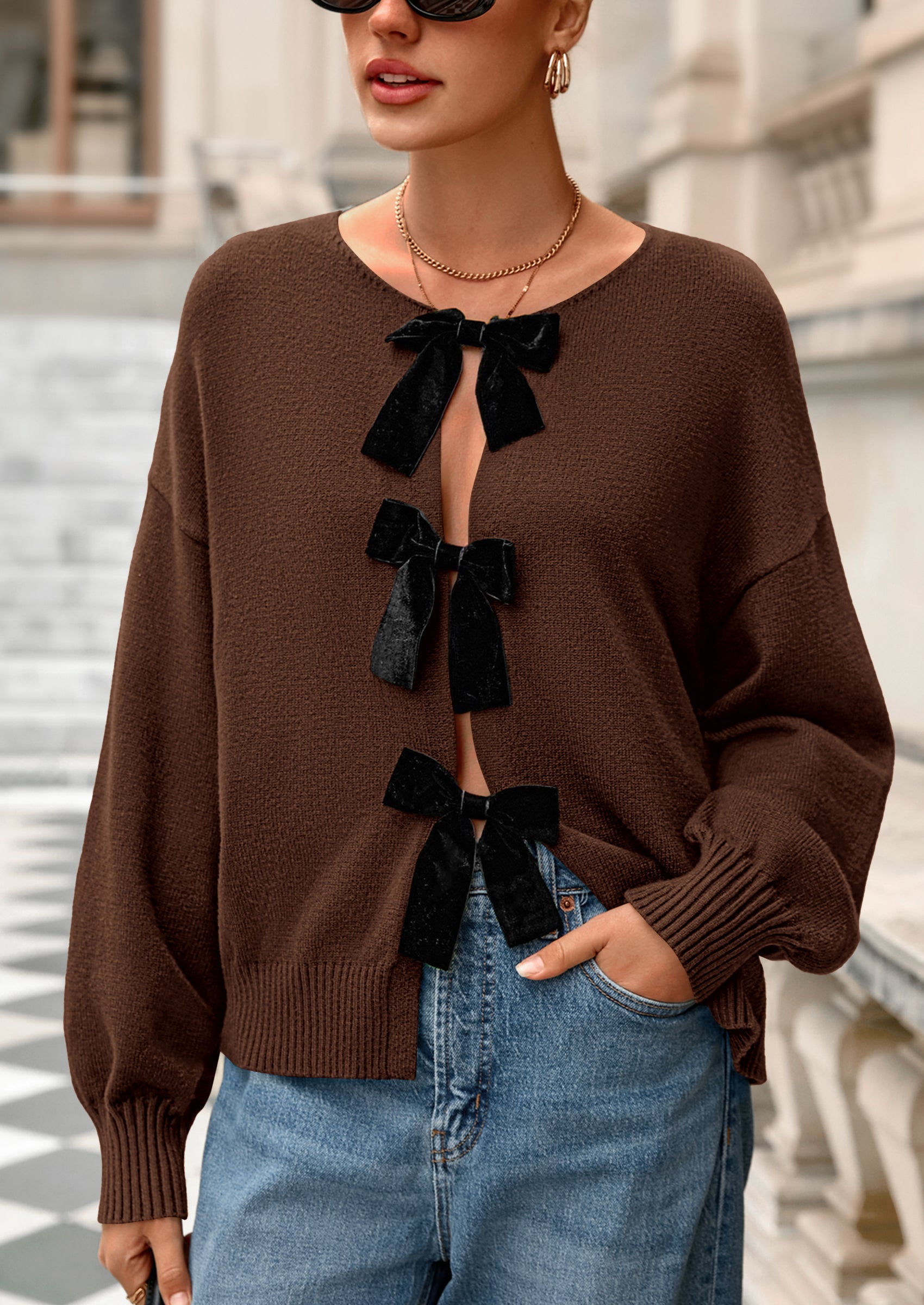 Cardigan Sweaters for Women Fall Bow Tie Front Long Sleeve Knit Sweater Tops Cute Going Out Outfits