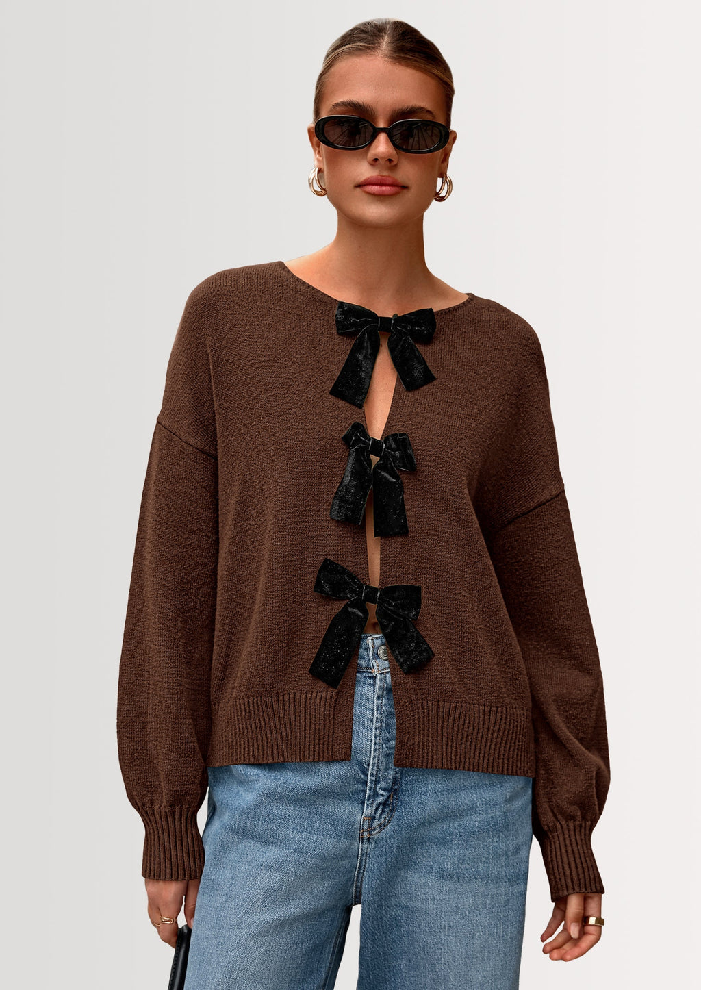 Cardigan Sweaters for Women Fall Bow Tie Front Long Sleeve Knit Sweater Tops Cute Going Out Outfits