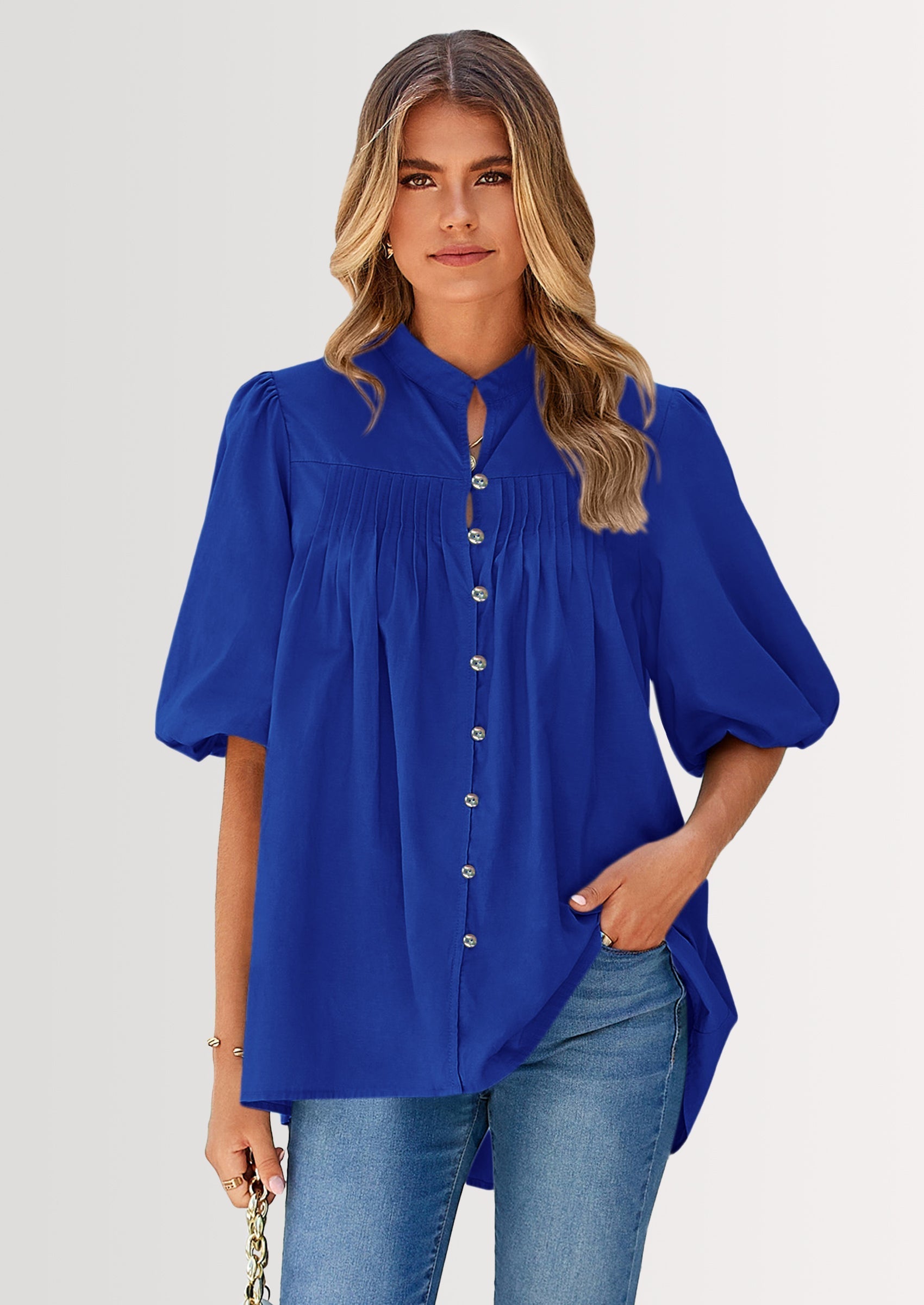 Women's Summer Short Lantern Sleeve Tops Loose Fit Button Down Shirt Casual Pleated V Neck Blouses