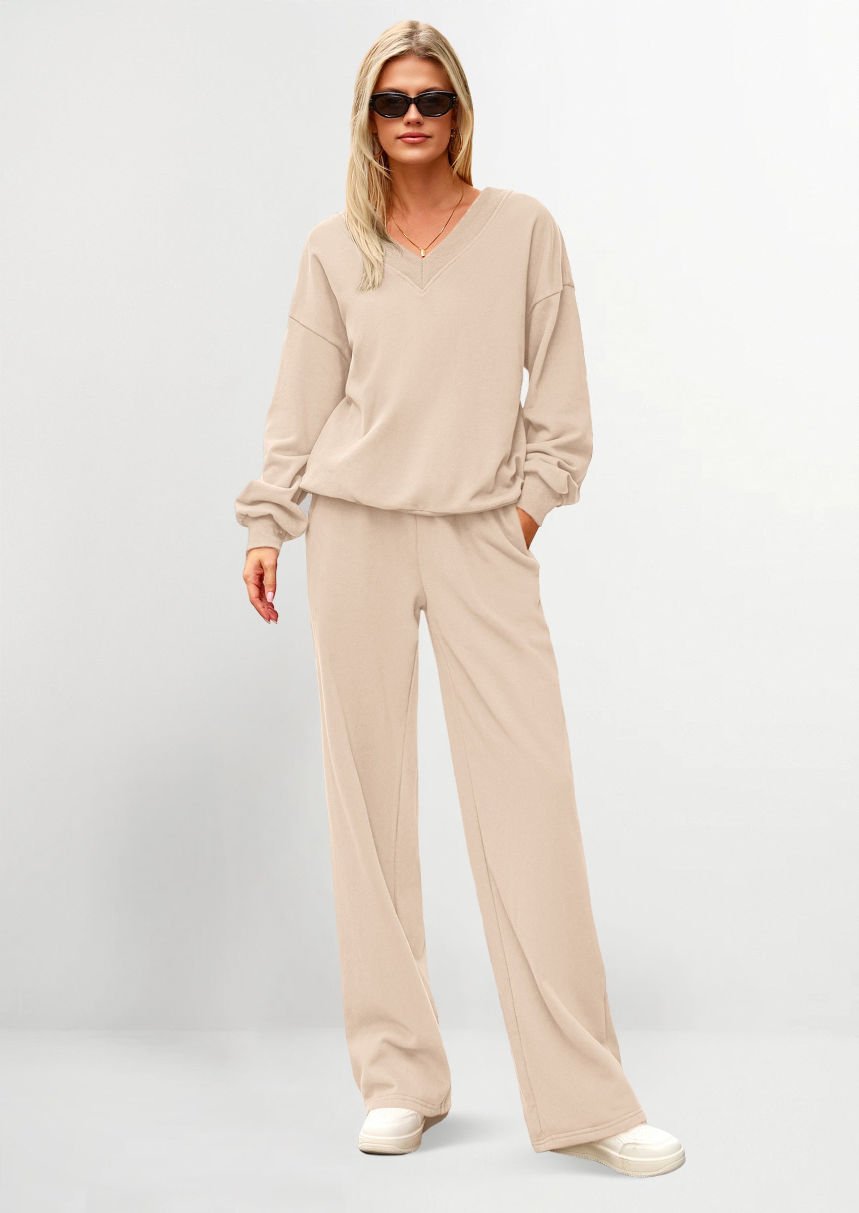 Casual Winter Two Piece Sets for Women V Neck Sweatshirt Loose Wide Leg Pants Tracksuit Knit Fall Outfits