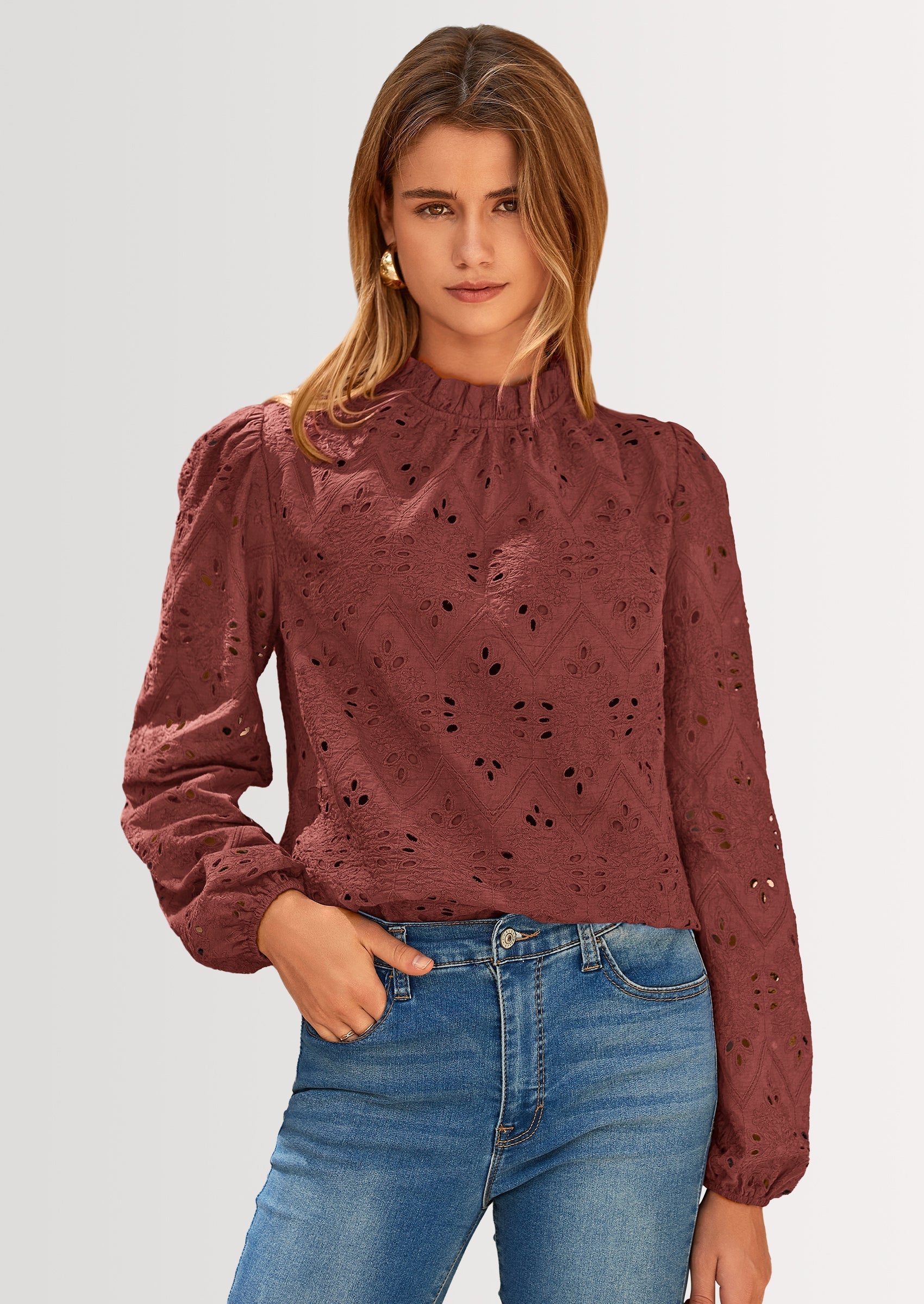 Womens Tops Dressy Casual Spring Long Sleeve Shirts Embroidered Eyelet Blouses Going Out Outfits