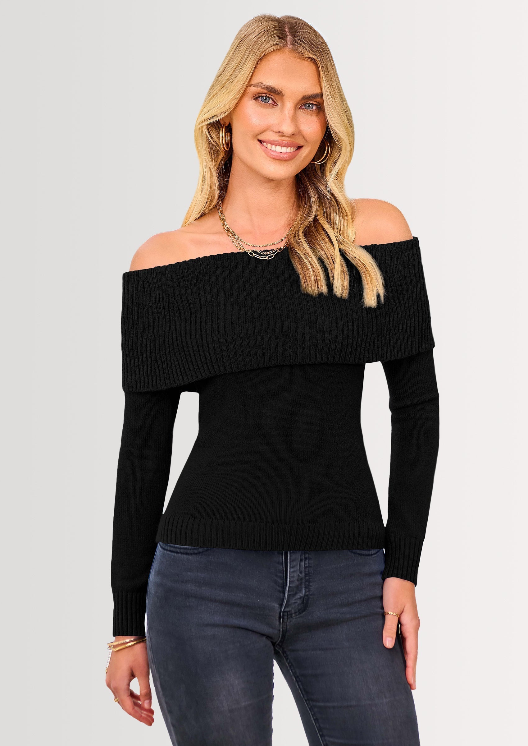 Women's Fall Off Shoulder Sweaters Y2K Long Sleeve Ribbed Knit Fitted Pullover Winter Date Night Tops Blouse