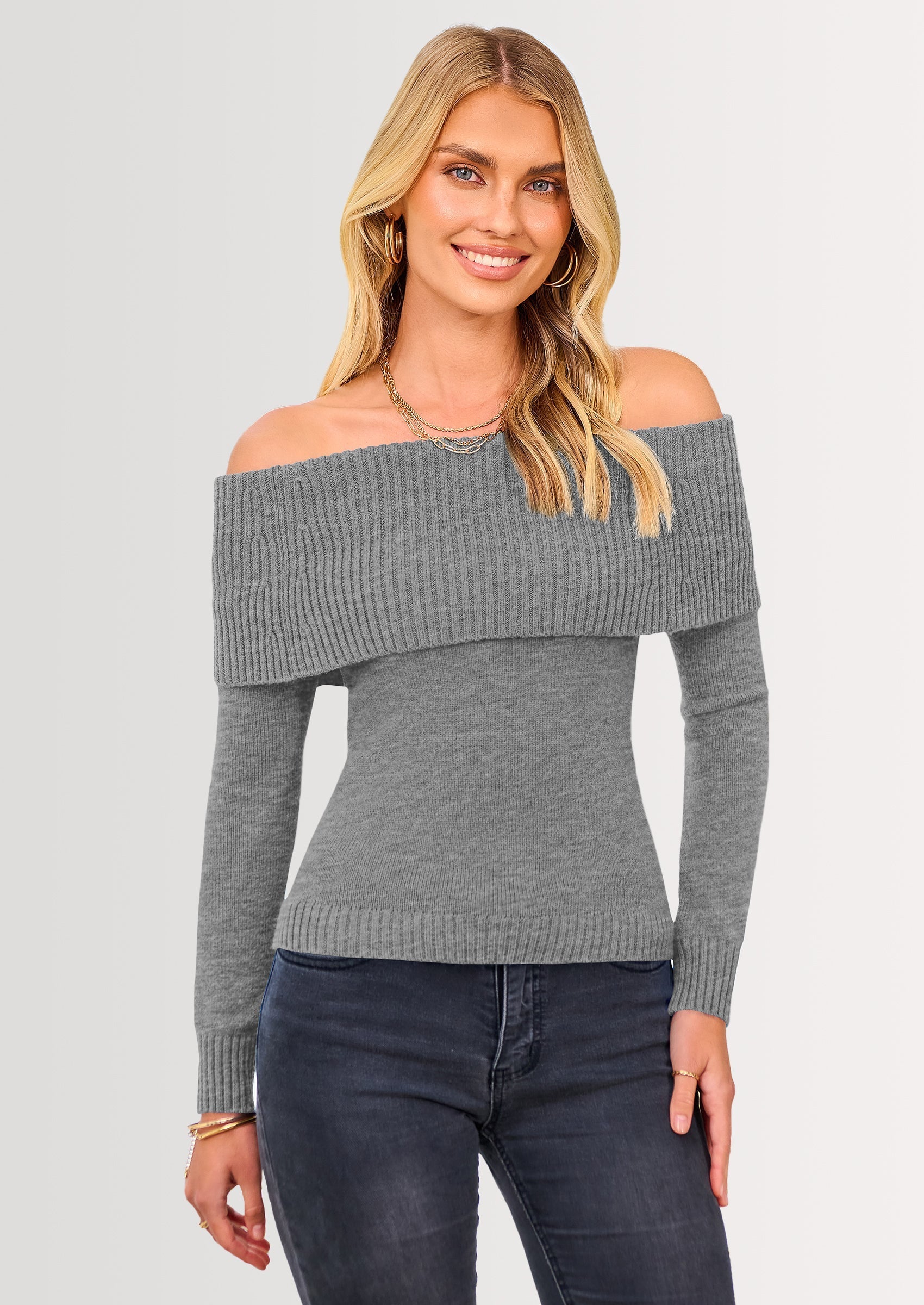 Women's Fall Off Shoulder Sweaters Y2K Long Sleeve Ribbed Knit Fitted Pullover Winter Date Night Tops Blouse