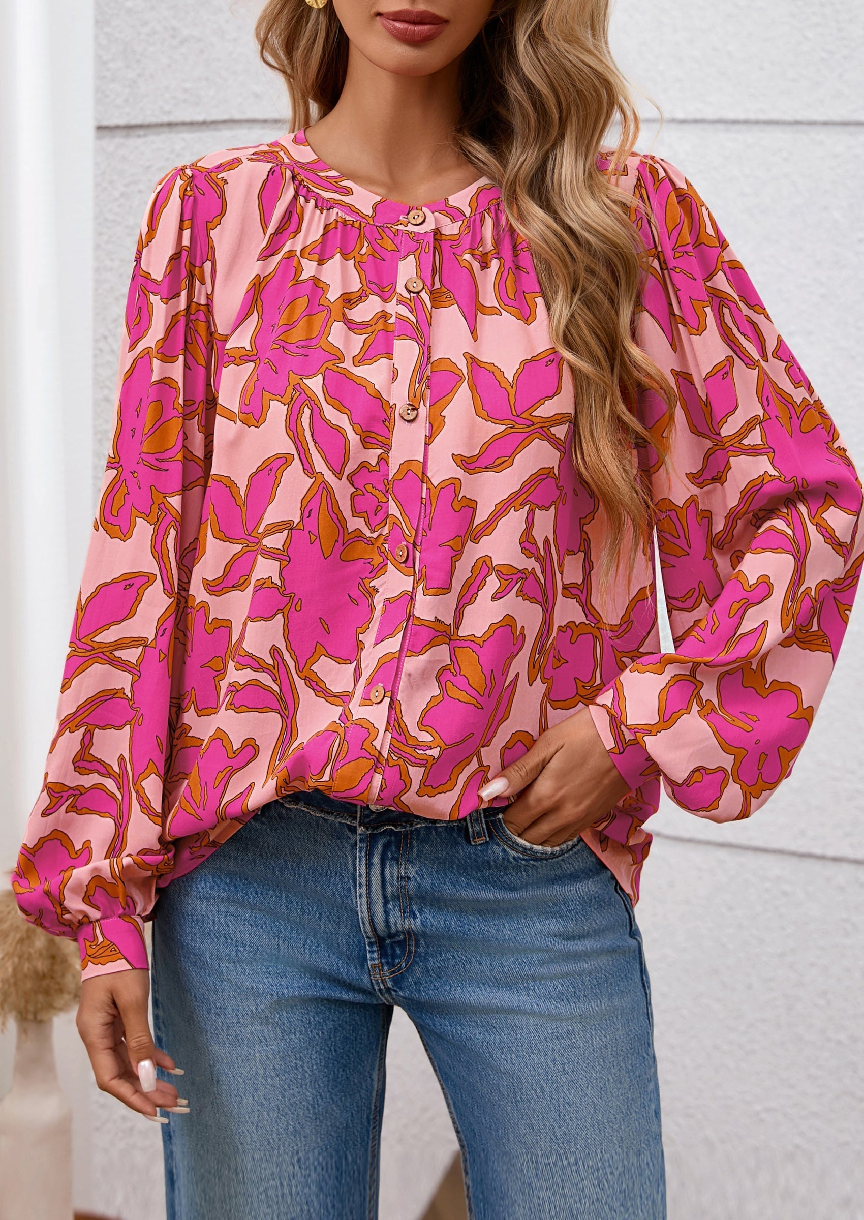 Women's Floral Button Down Blouse Fall Fashion Dressy Casual Long Sleeve Oversized Shirts Top Boho Clothes