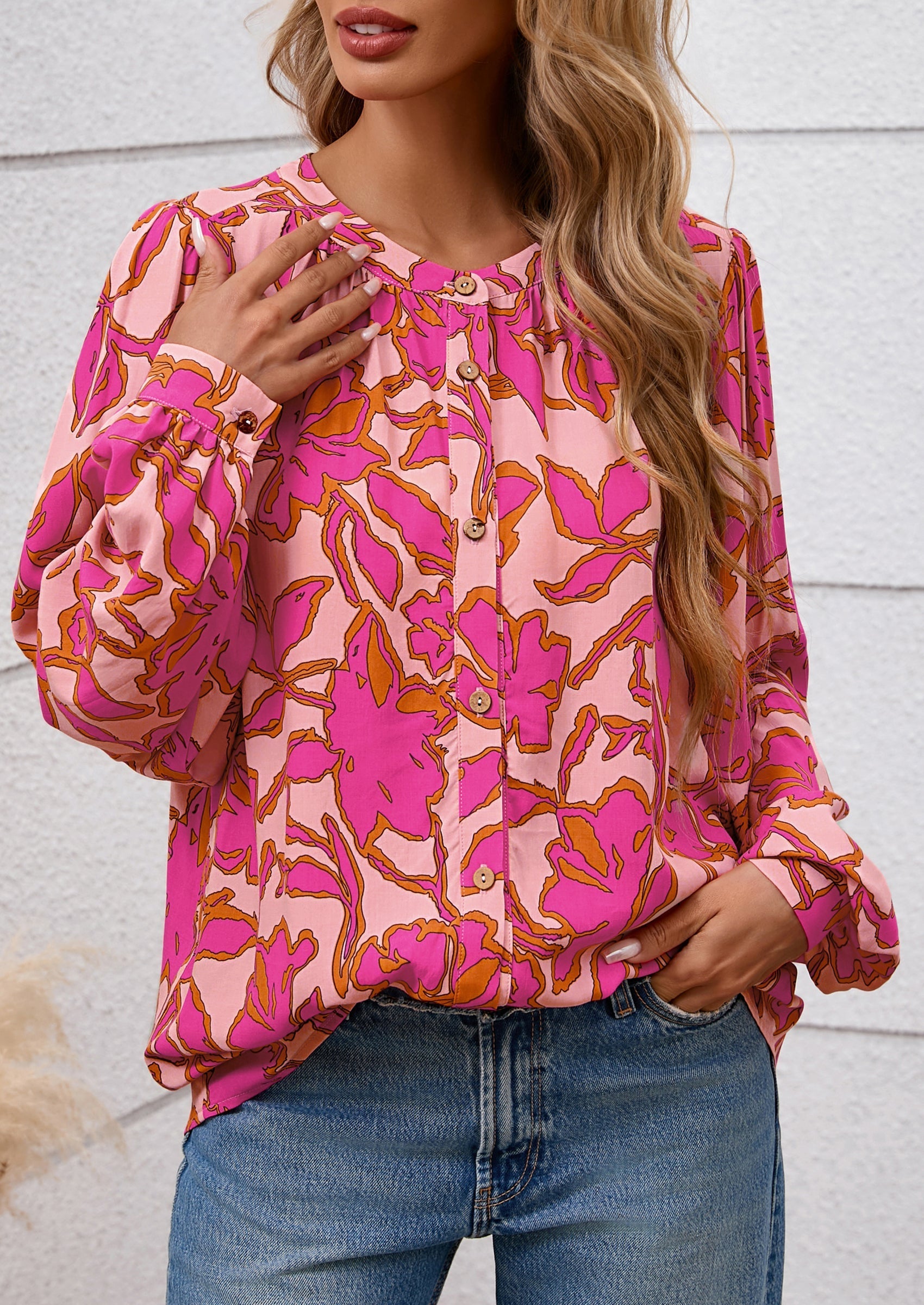 Women's Floral Button Down Blouse Fall Fashion Dressy Casual Long Sleeve Oversized Shirts Top Boho Clothes