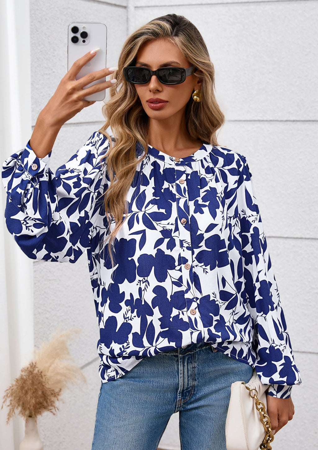 Women's Floral Button Down Blouse Fall Fashion Dressy Casual Long Sleeve Oversized Shirts Top Boho Clothes