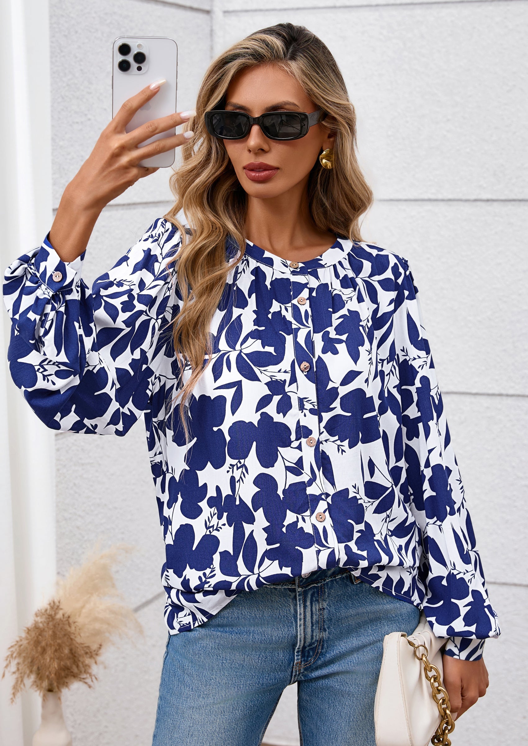 Women's Floral Button Down Blouse Fall Fashion Dressy Casual Long Sleeve Oversized Shirts Top Boho Clothes