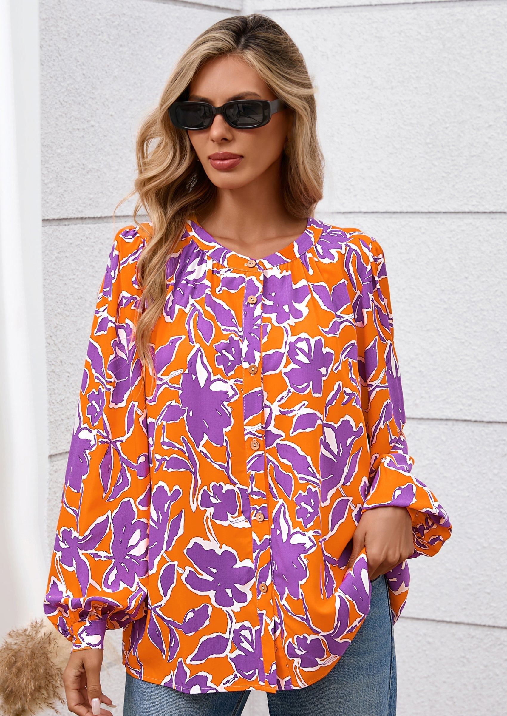 Women's Floral Button Down Blouse Fall Fashion Dressy Casual Long Sleeve Oversized Shirts Top Boho Clothes