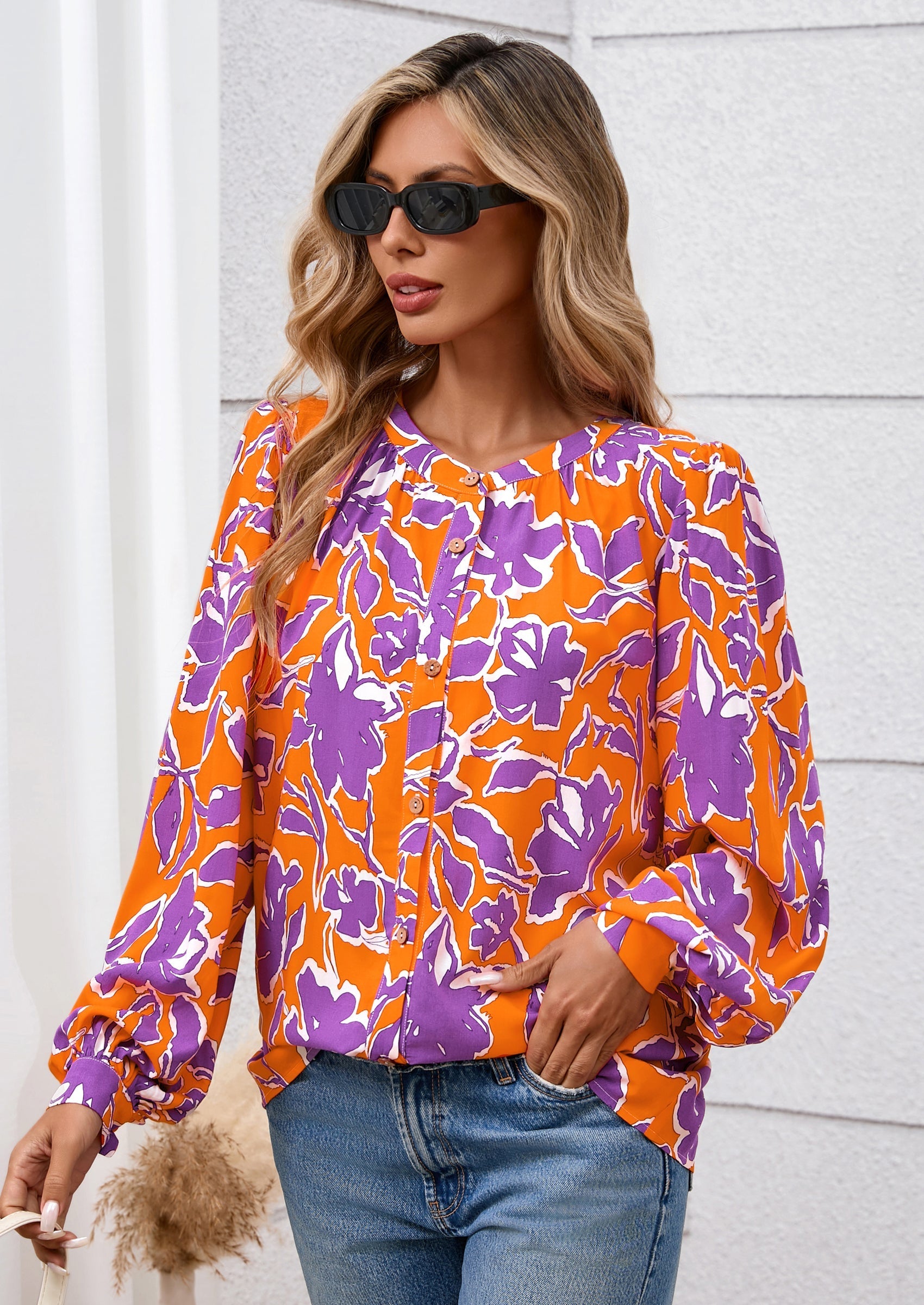 Women's Floral Button Down Blouse Fall Fashion Dressy Casual Long Sleeve Oversized Shirts Top Boho Clothes
