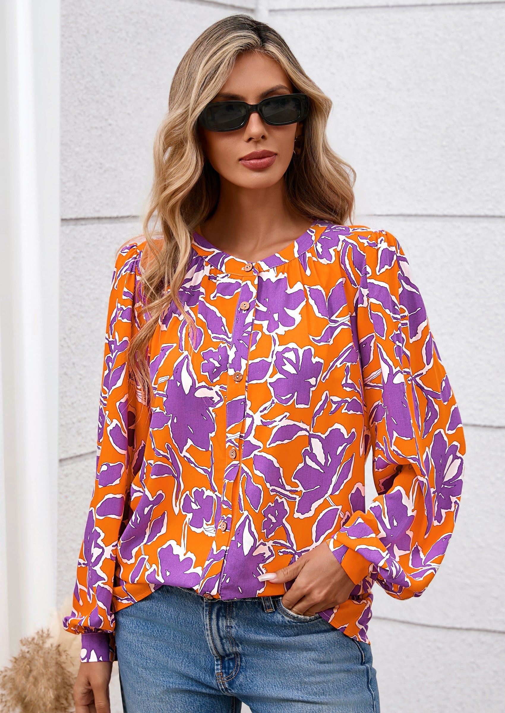 Women's Floral Button Down Blouse Fall Fashion Dressy Casual Long Sleeve Oversized Shirts Top Boho Clothes