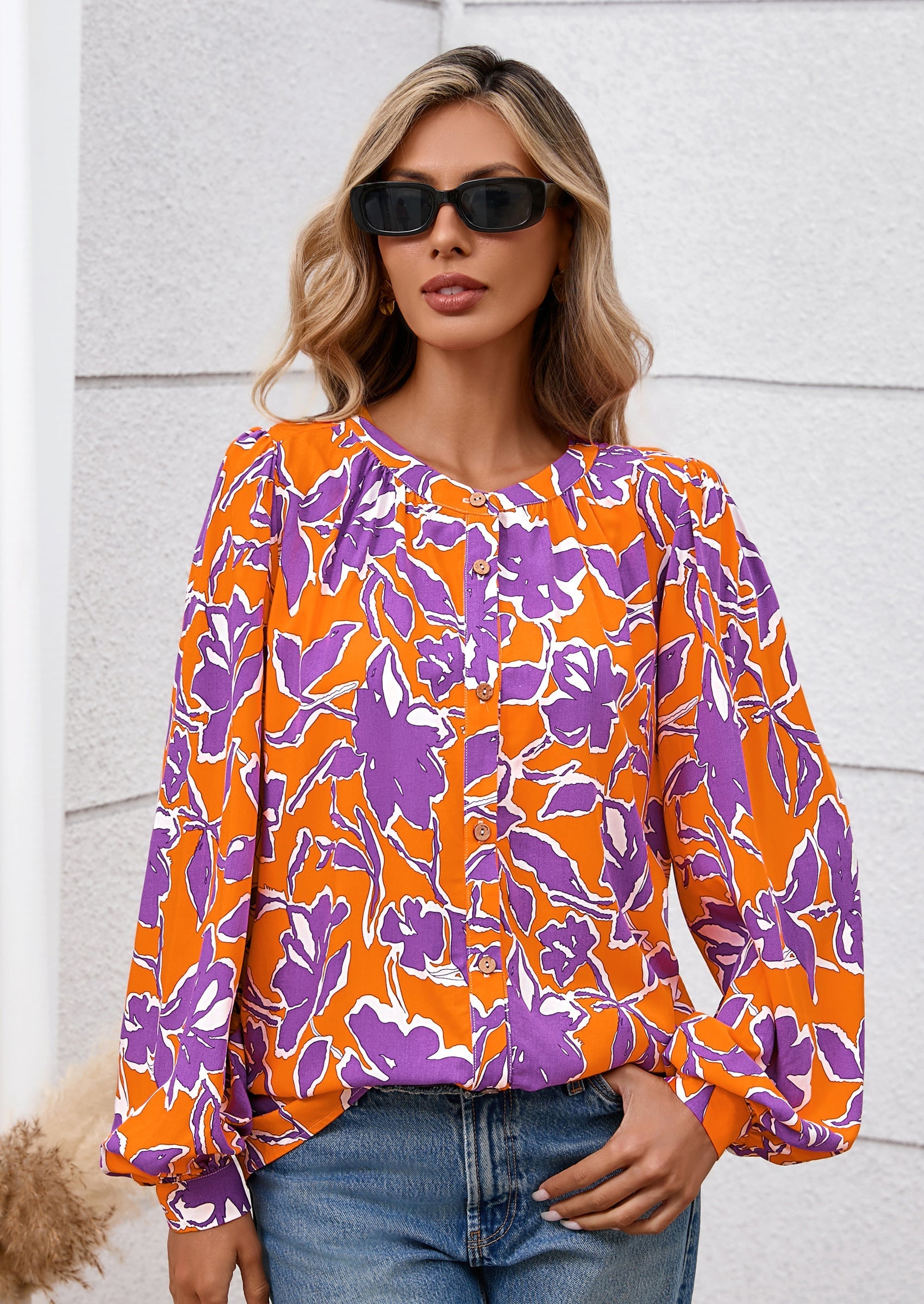 Women's Floral Button Down Blouse Fall Fashion Dressy Casual Long Sleeve Oversized Shirts Top Boho Clothes