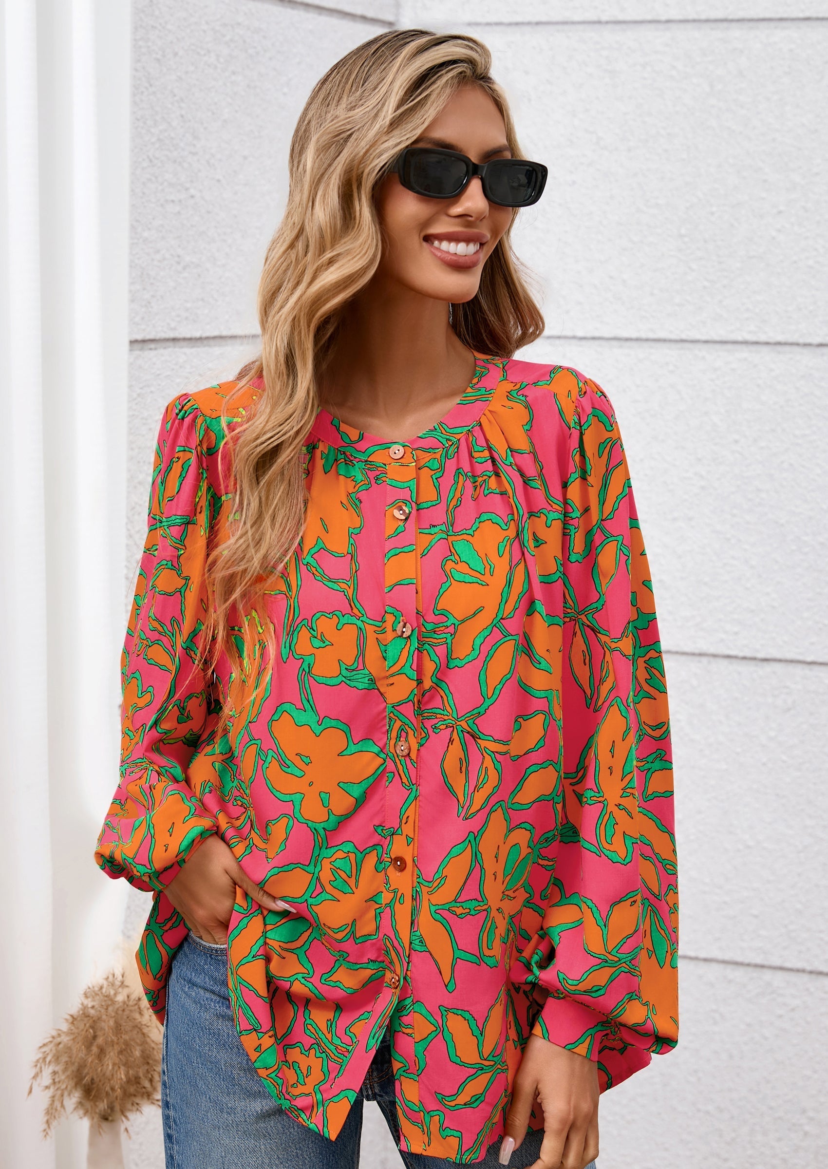 Women's Floral Button Down Blouse Fall Fashion Dressy Casual Long Sleeve Oversized Shirts Top Boho Clothes