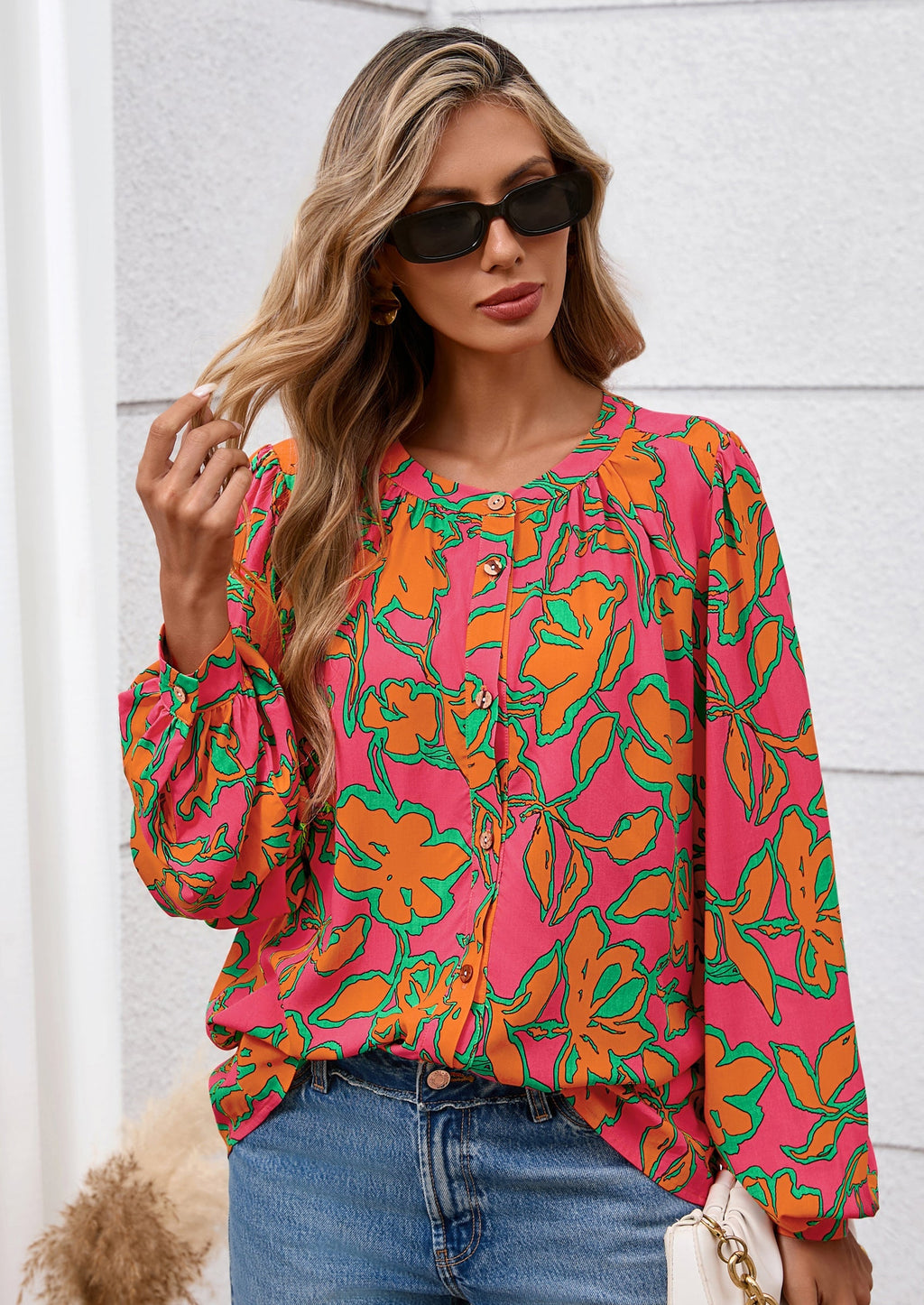 Women's Floral Button Down Blouse Fall Fashion Dressy Casual Long Sleeve Oversized Shirts Top Boho Clothes
