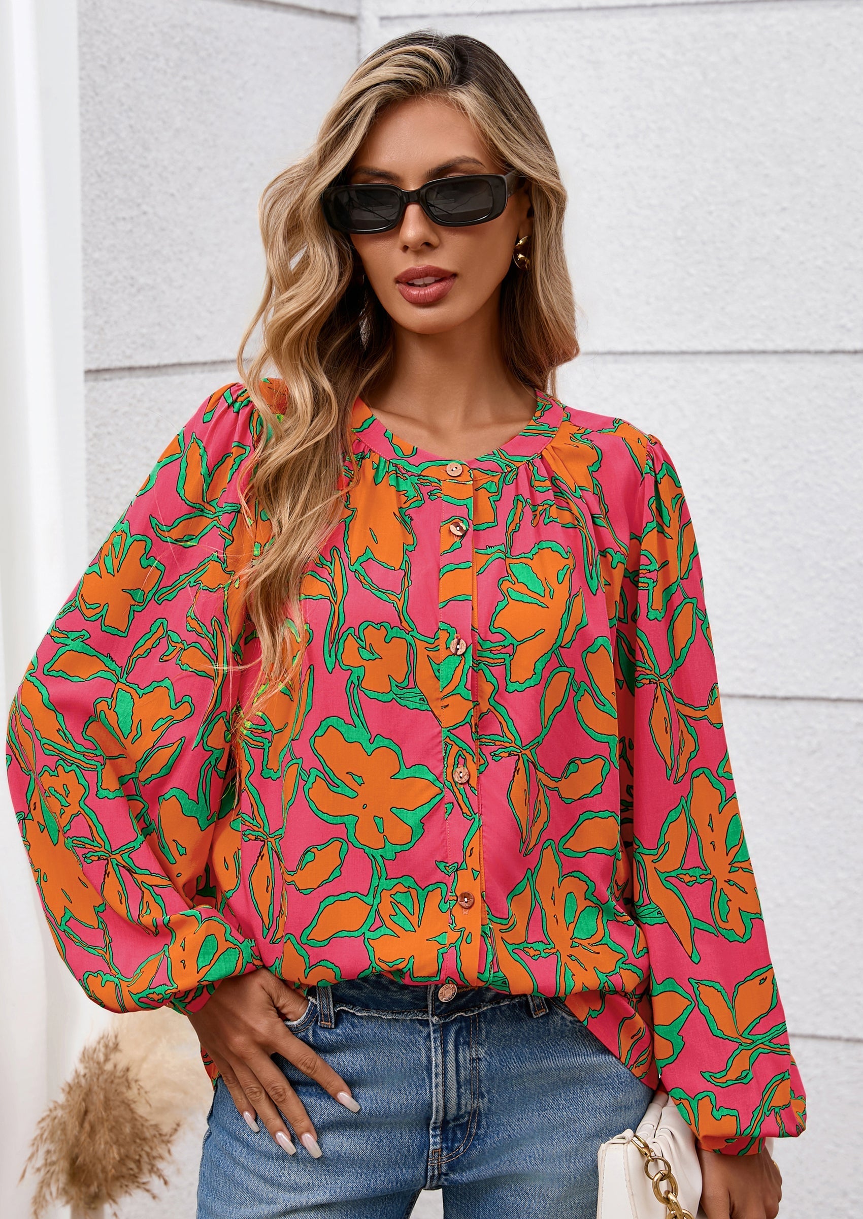 Women's Floral Button Down Blouse Fall Fashion Dressy Casual Long Sleeve Oversized Shirts Top Boho Clothes