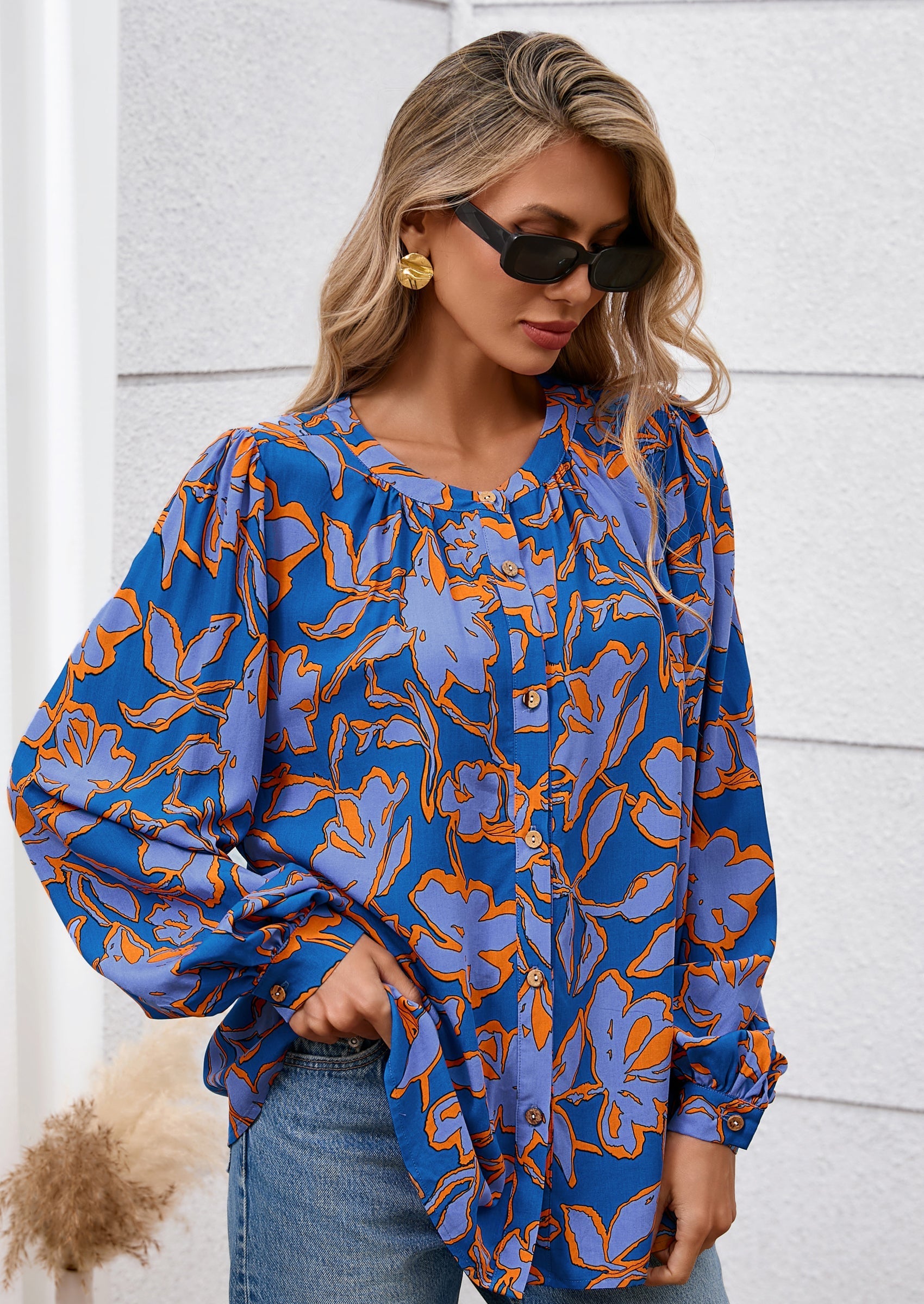 Women's Floral Button Down Blouse Fall Fashion Dressy Casual Long Sleeve Oversized Shirts Top Boho Clothes