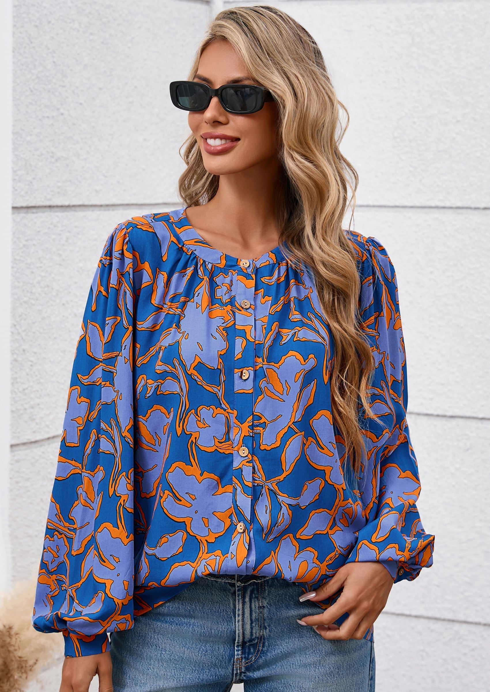 Women's Floral Button Down Blouse Fall Fashion Dressy Casual Long Sleeve Oversized Shirts Top Boho Clothes