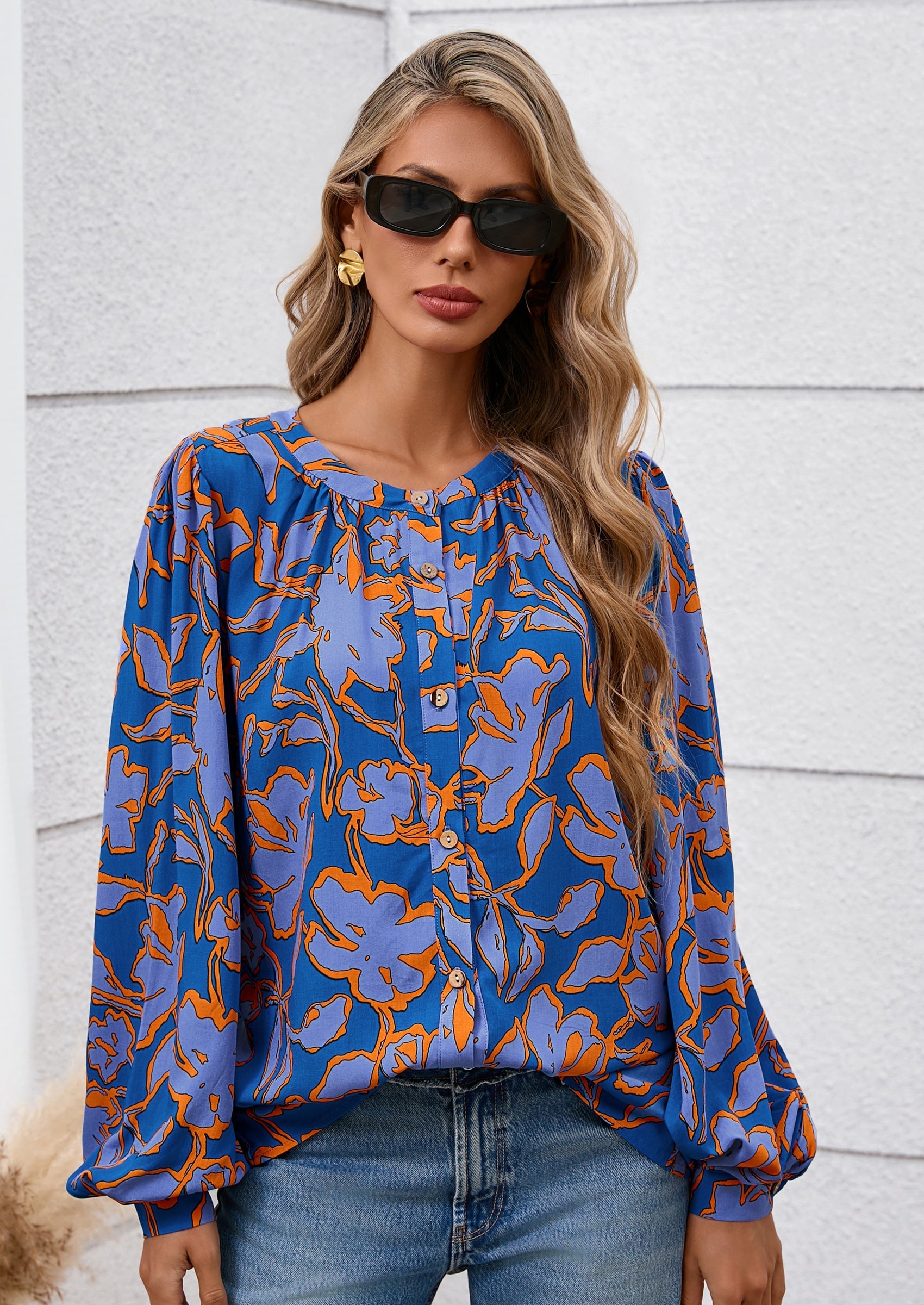 Women's Floral Button Down Blouse Fall Fashion Dressy Casual Long Sleeve Oversized Shirts Top Boho Clothes