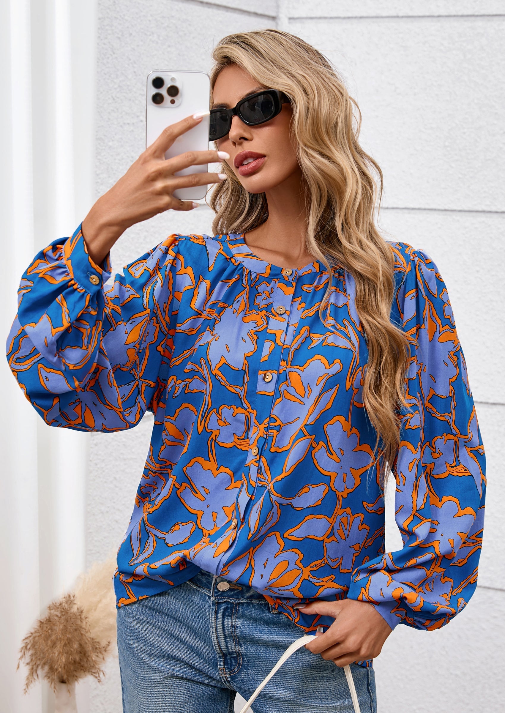 Women's Floral Button Down Blouse Fall Fashion Dressy Casual Long Sleeve Oversized Shirts Top Boho Clothes