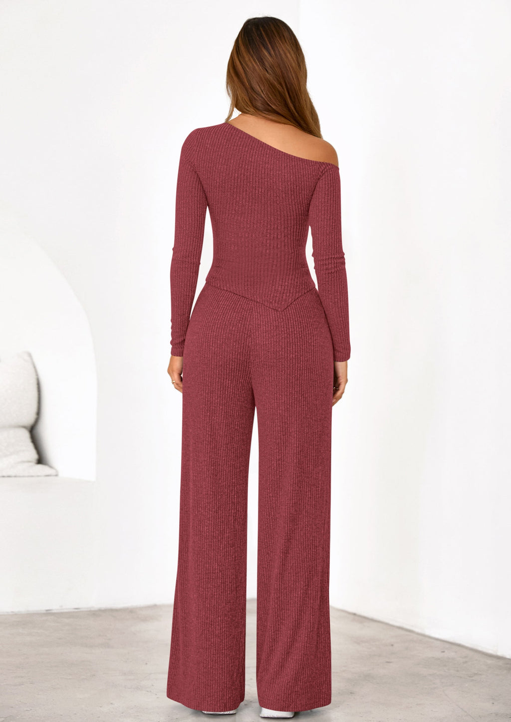 Casual Two Piece Sets for Women Fall Outfits Asymmetrical Off Shoulder Tops Wide Leg Pants Knit Lounge Set