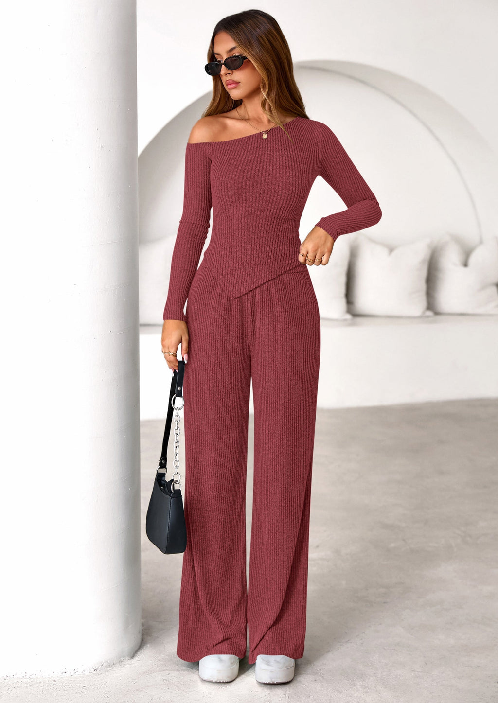 Casual Two Piece Sets for Women Fall Outfits Asymmetrical Off Shoulder Tops Wide Leg Pants Knit Lounge Set
