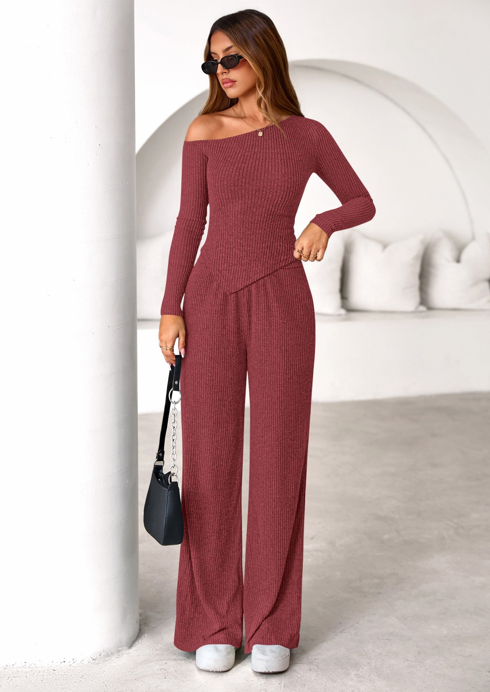Casual Two Piece Sets for Women Fall Outfits Asymmetrical Off Shoulder Tops Wide Leg Pants Knit Lounge Set