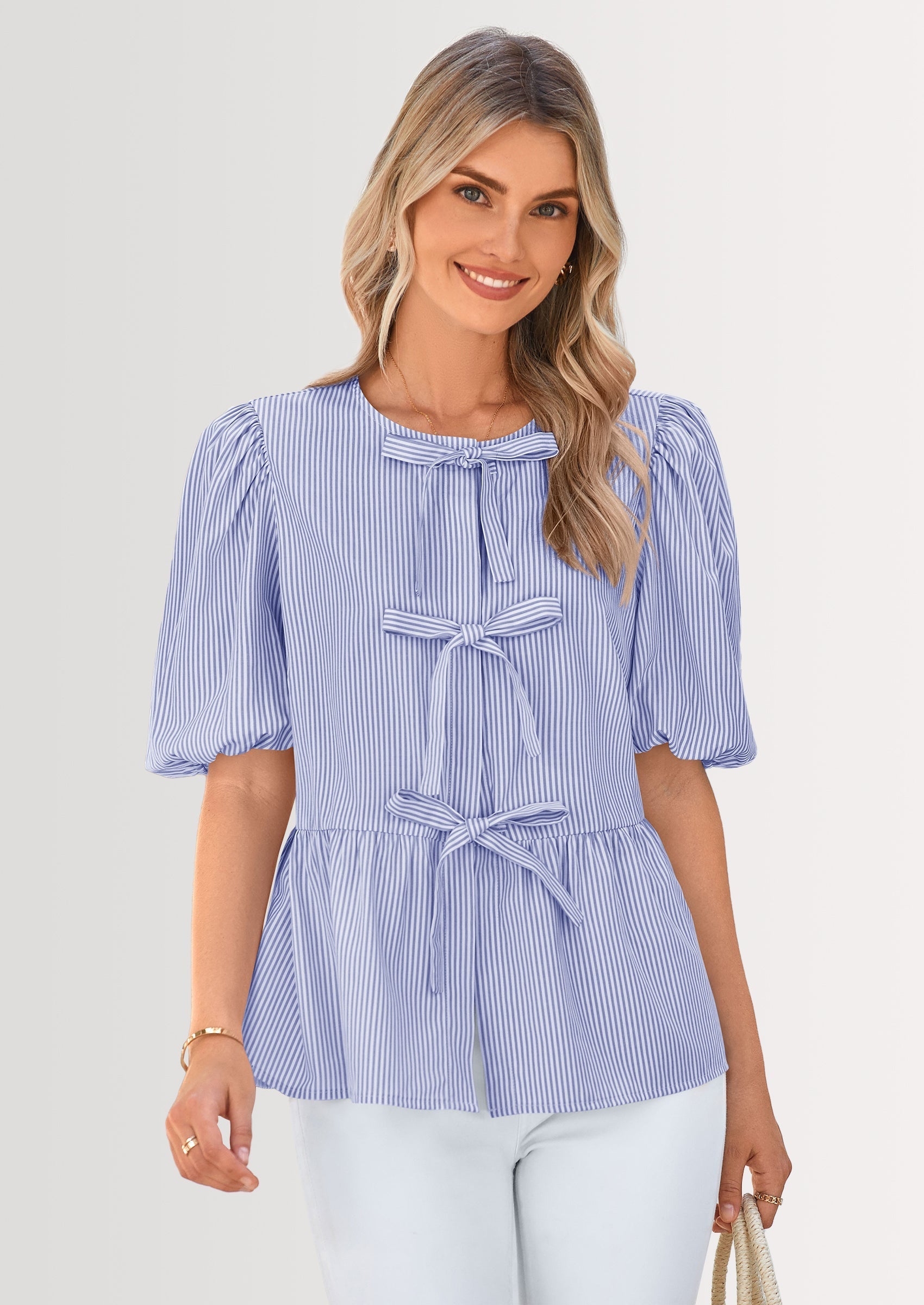 Women's Tie Front Striped Shirt Summer Trendy Fashion Cute Babydoll Tops Peplum Puffy Sleeve Blouse
