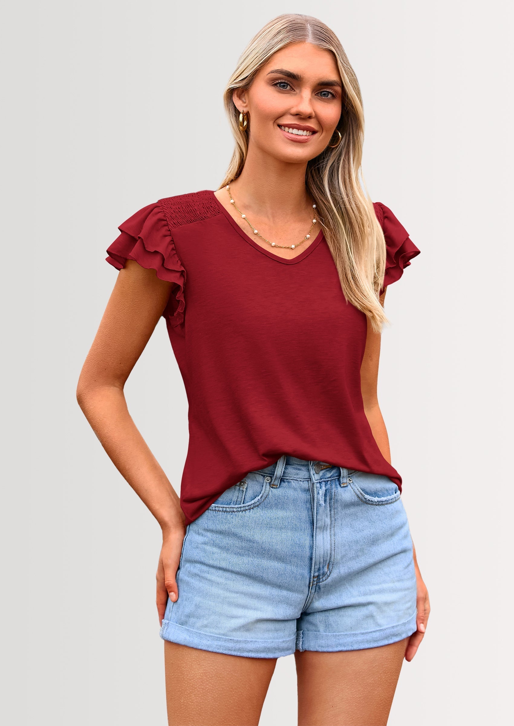 Summer Tops for Women Spring Trendy Fashion Clothes Casual Ruffle V Neck Short Sleeve Shirts Blouses