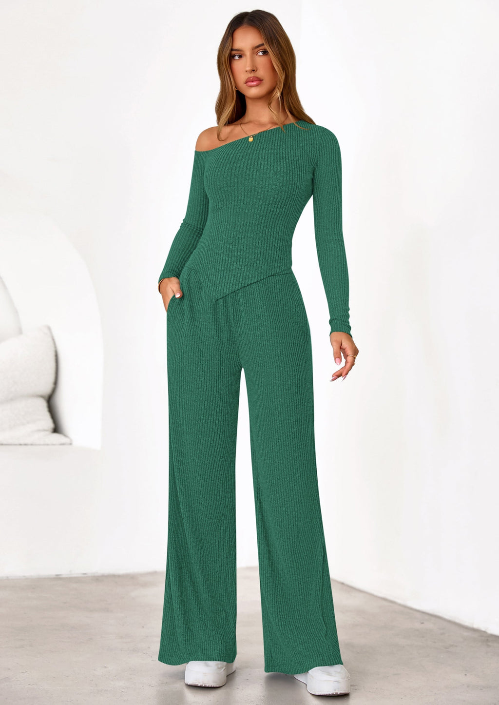 Casual Two Piece Sets for Women Fall Outfits Asymmetrical Off Shoulder Tops Wide Leg Pants Knit Lounge Set