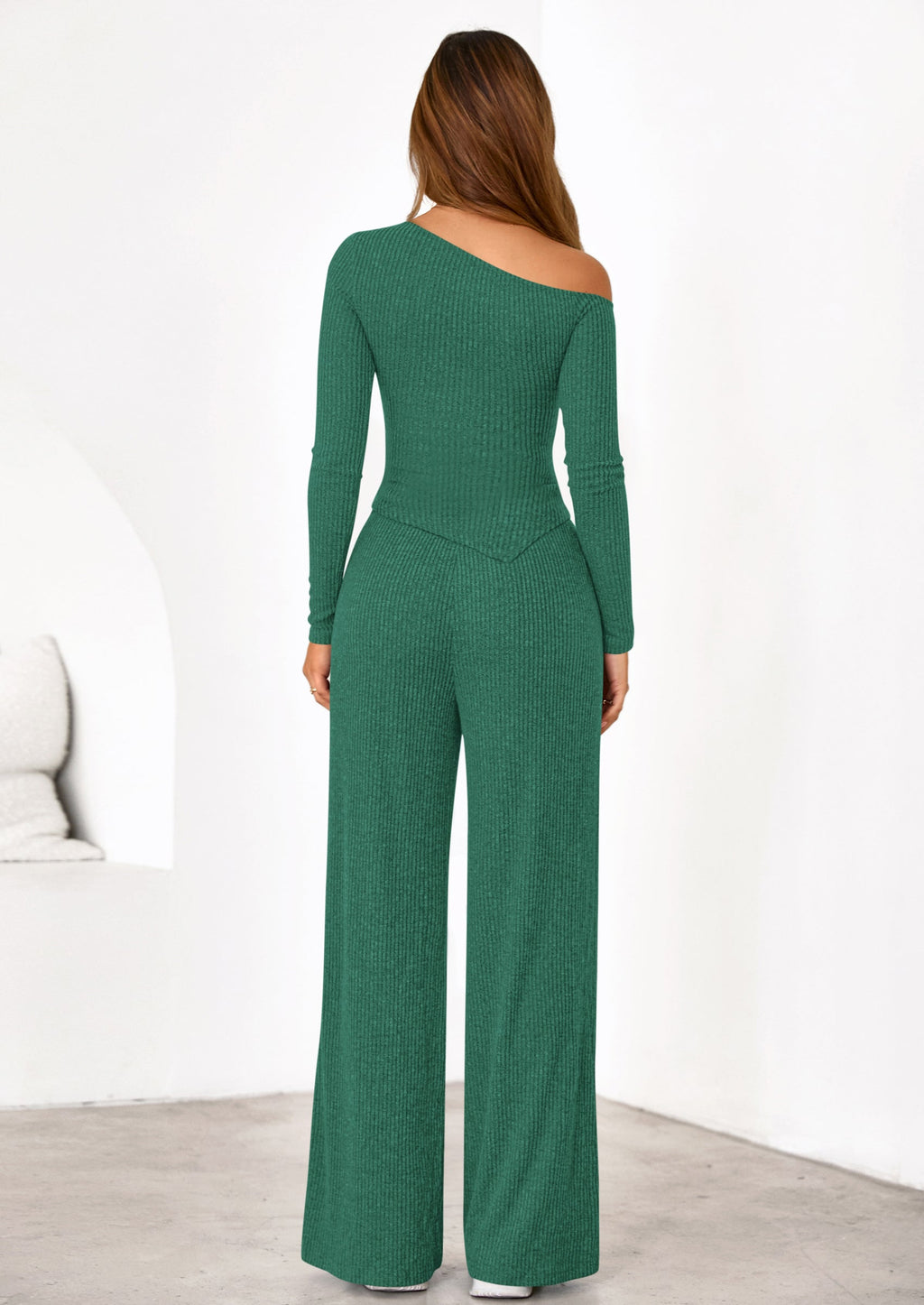 Casual Two Piece Sets for Women Fall Outfits Asymmetrical Off Shoulder Tops Wide Leg Pants Knit Lounge Set