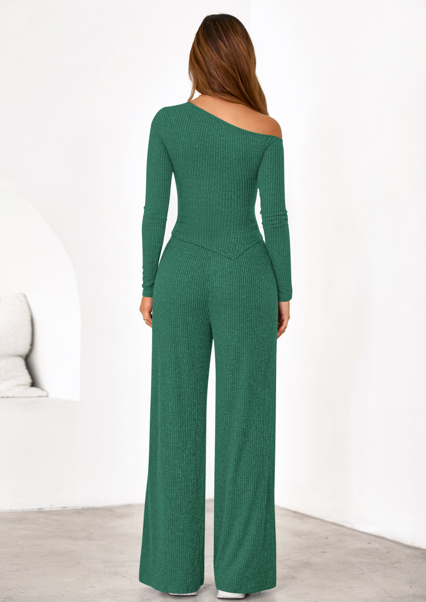 Casual Two Piece Sets for Women Fall Outfits Asymmetrical Off Shoulder Tops Wide Leg Pants Knit Lounge Set