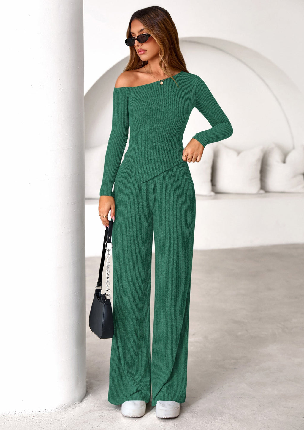 Casual Two Piece Sets for Women Fall Outfits Asymmetrical Off Shoulder Tops Wide Leg Pants Knit Lounge Set