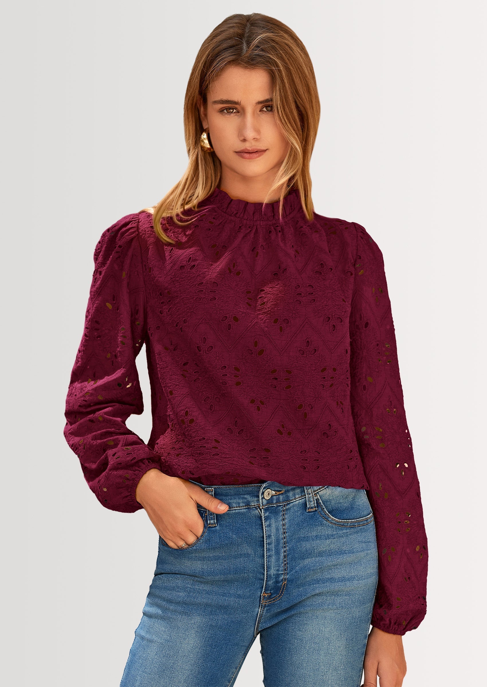 Womens Tops Dressy Casual Spring Long Sleeve Shirts Embroidered Eyelet Blouses Going Out Outfits