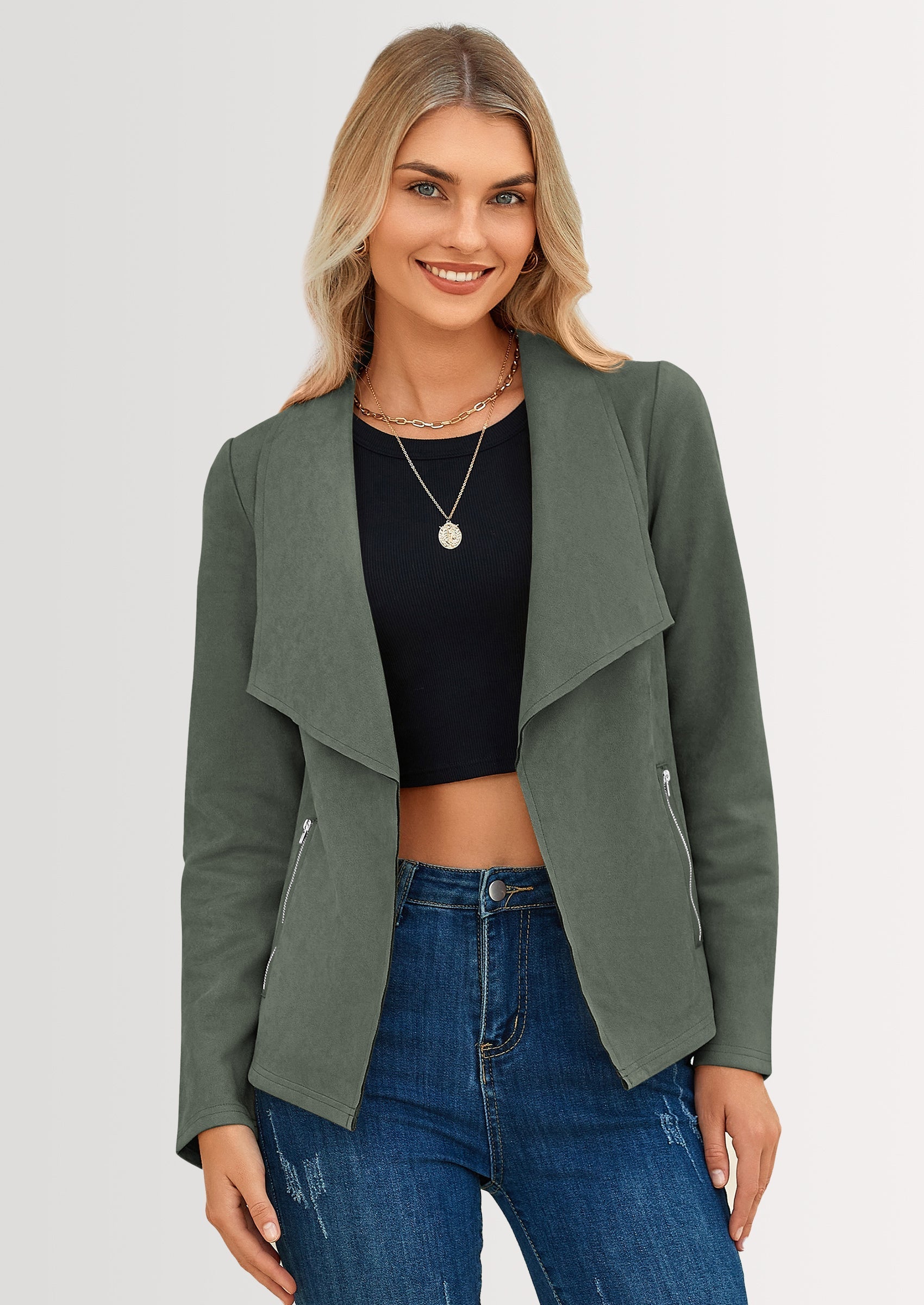 Women's Faux Suede Jackets Fashion Fall Clothes Long Sleeve Open Front Cropped Coat Outwear