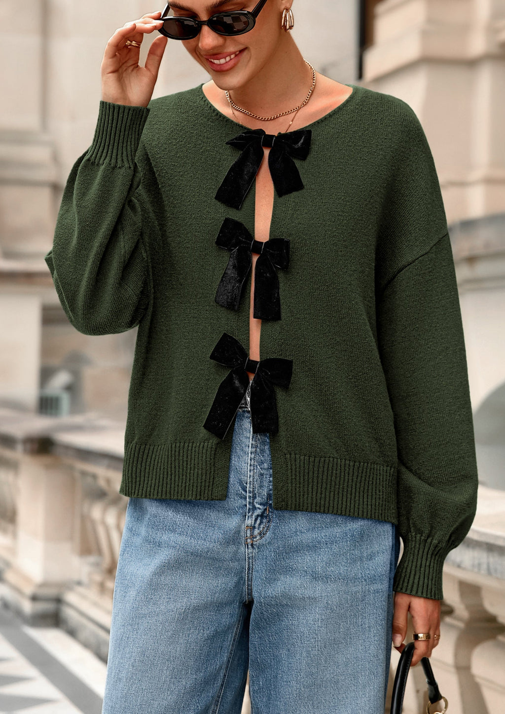 Cardigan Sweaters for Women Fall Bow Tie Front Long Sleeve Knit Sweater Tops Cute Going Out Outfits