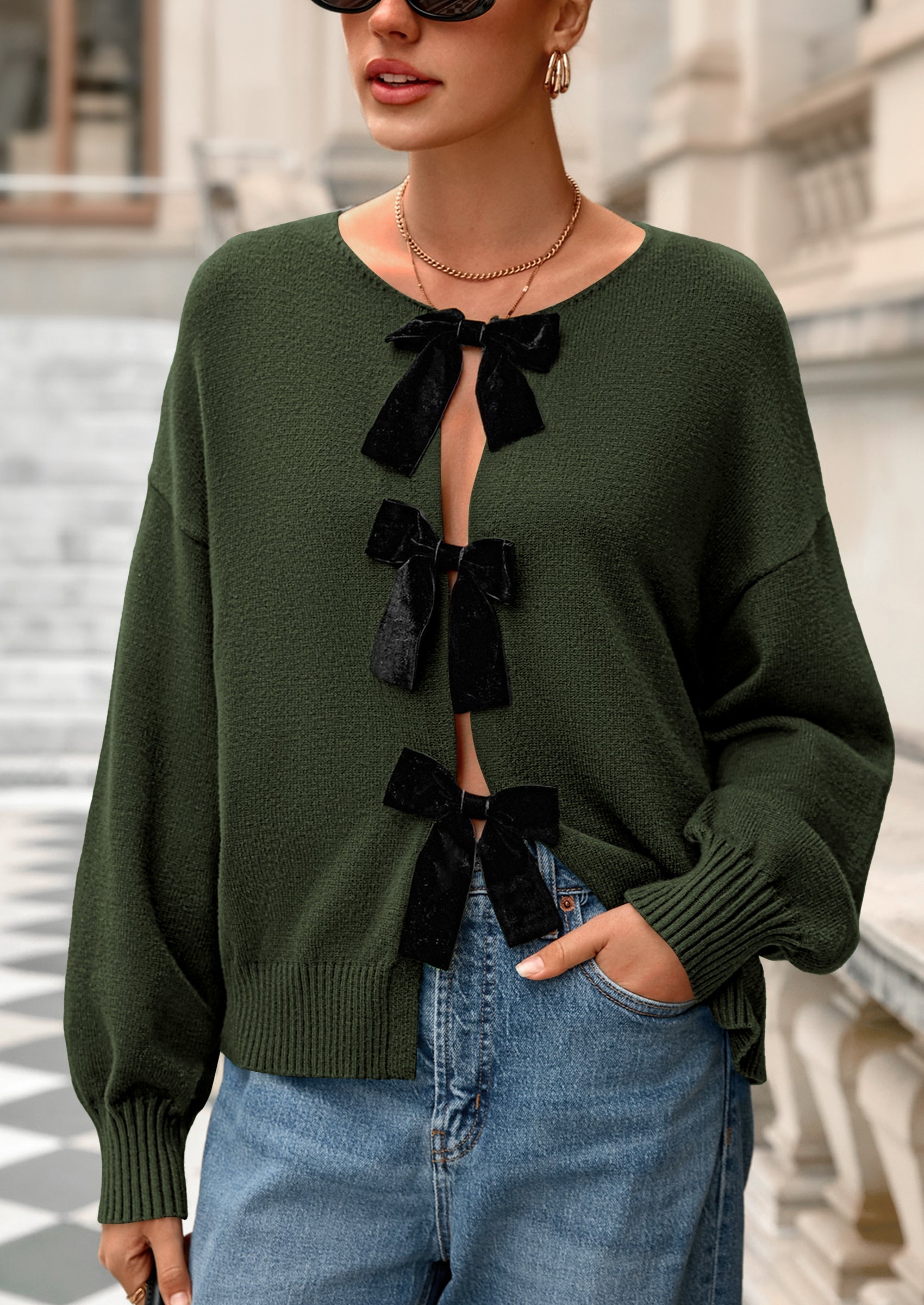 Cardigan Sweaters for Women Fall Bow Tie Front Long Sleeve Knit Sweater Tops Cute Going Out Outfits