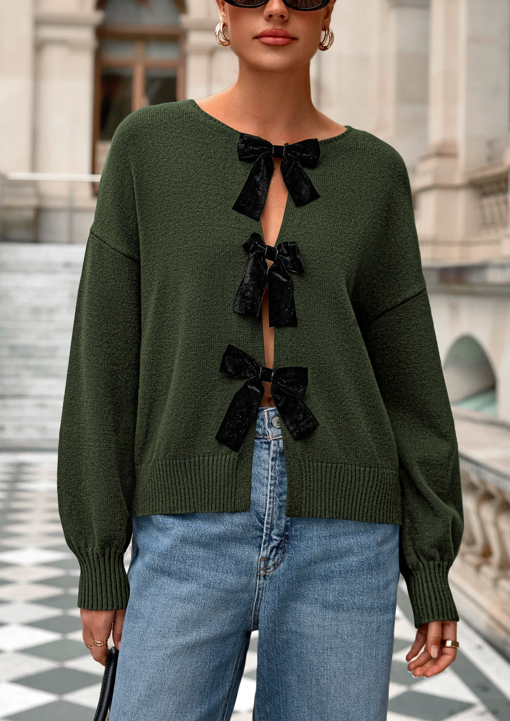 Cardigan Sweaters for Women Fall Bow Tie Front Long Sleeve Knit Sweater Tops Cute Going Out Outfits