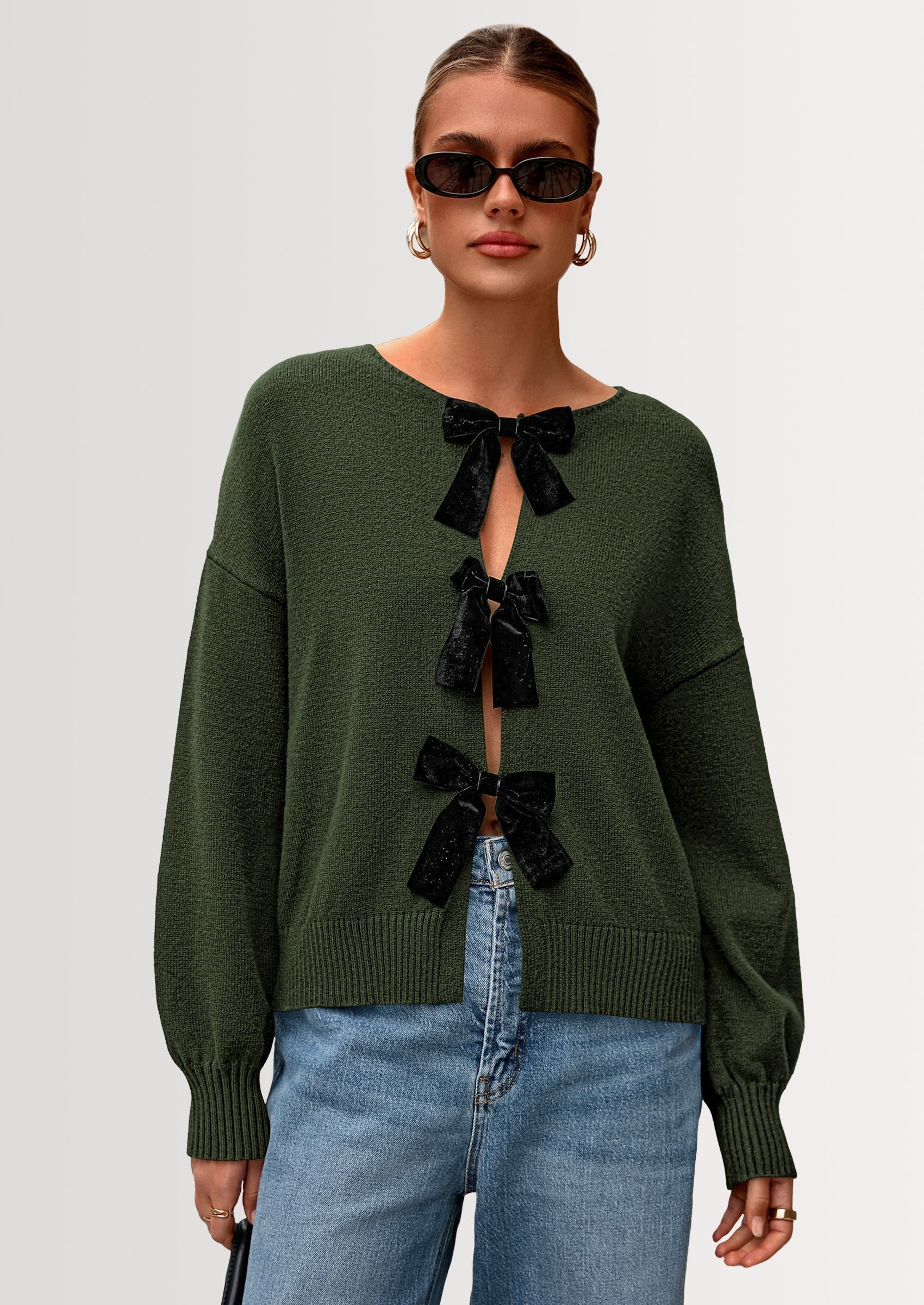 Cardigan Sweaters for Women Fall Bow Tie Front Long Sleeve Knit Sweater Tops Cute Going Out Outfits