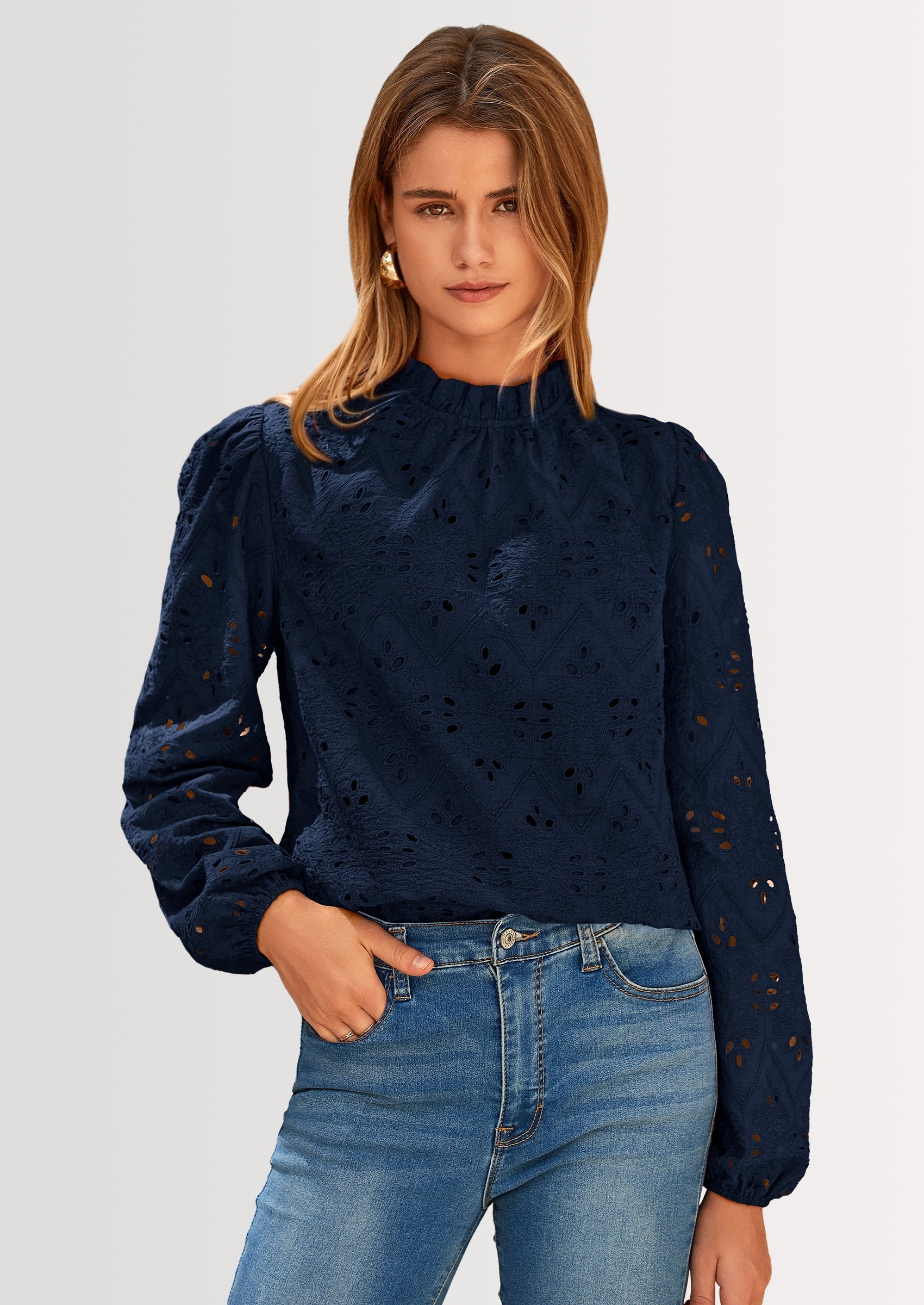 Womens Tops Dressy Casual Spring Long Sleeve Shirts Embroidered Eyelet Blouses Going Out Outfits