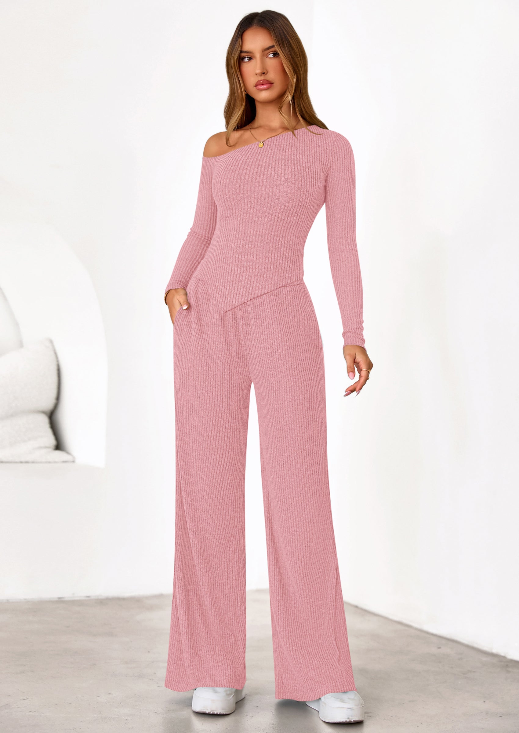 Casual Two Piece Sets for Women Fall Outfits Asymmetrical Off Shoulder Tops Wide Leg Pants Knit Lounge Set